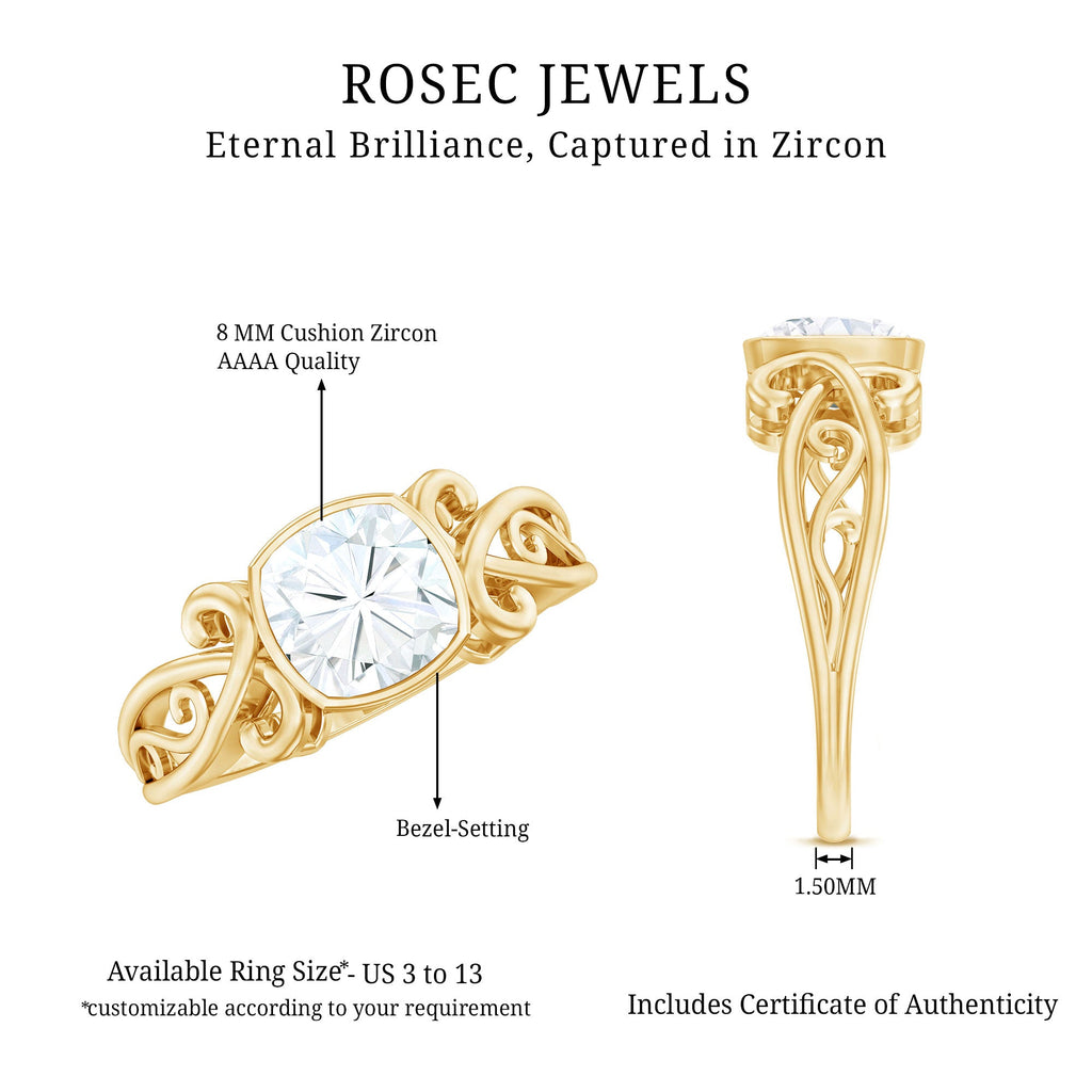 Cushion Cut Cubic Zirconia Vintage Inspired Solitaire Ring in Bezel Setting