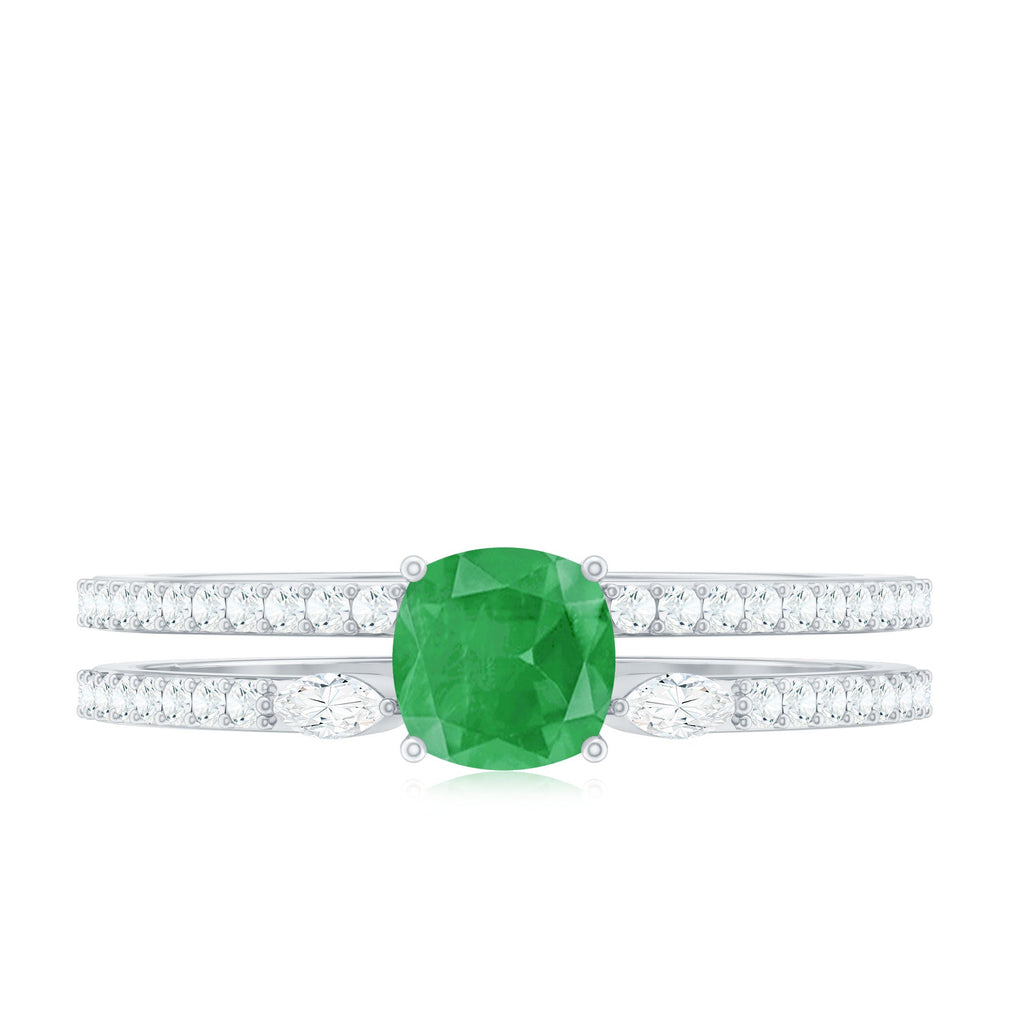Natural Cushion Cut Emerald Diamond Double Band Engagement Ring