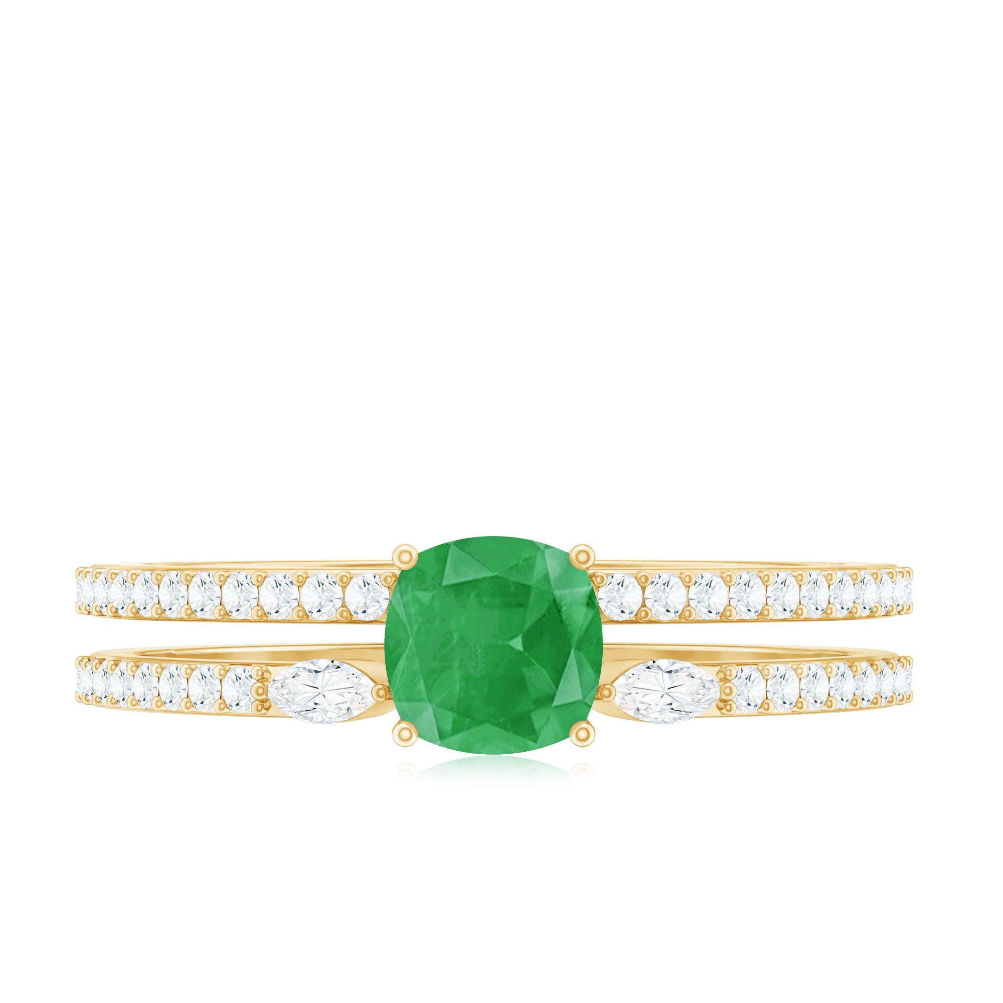 Natural Cushion Cut Emerald Diamond Double Band Engagement Ring