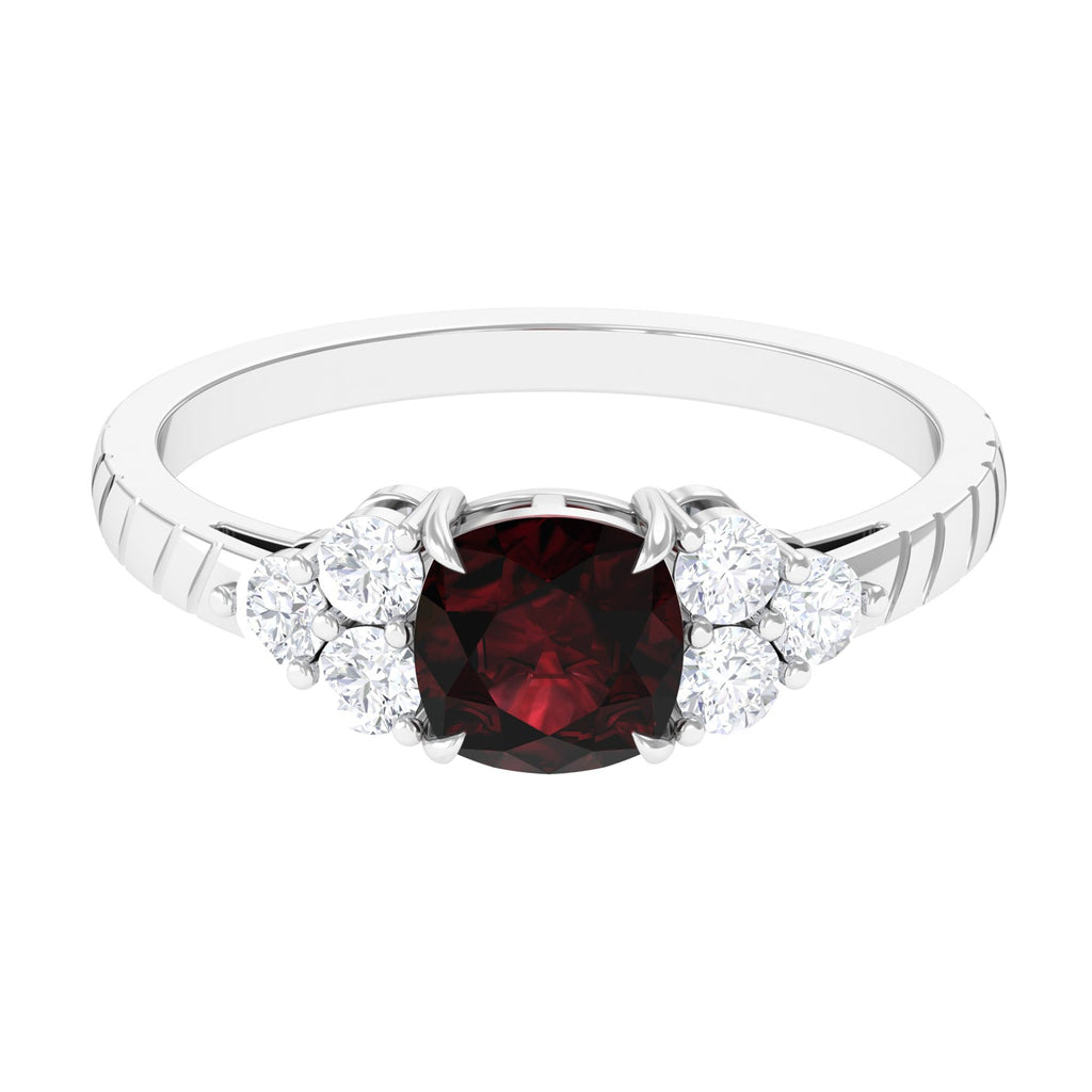 Natural 8mm Garnet Cushion Cut Engagement Ring with Diamond Trio