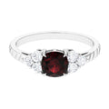 Natural 8mm Garnet Cushion Cut Engagement Ring with Diamond Trio