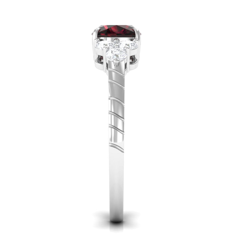 Natural 8mm Garnet Cushion Cut Engagement Ring with Diamond Trio