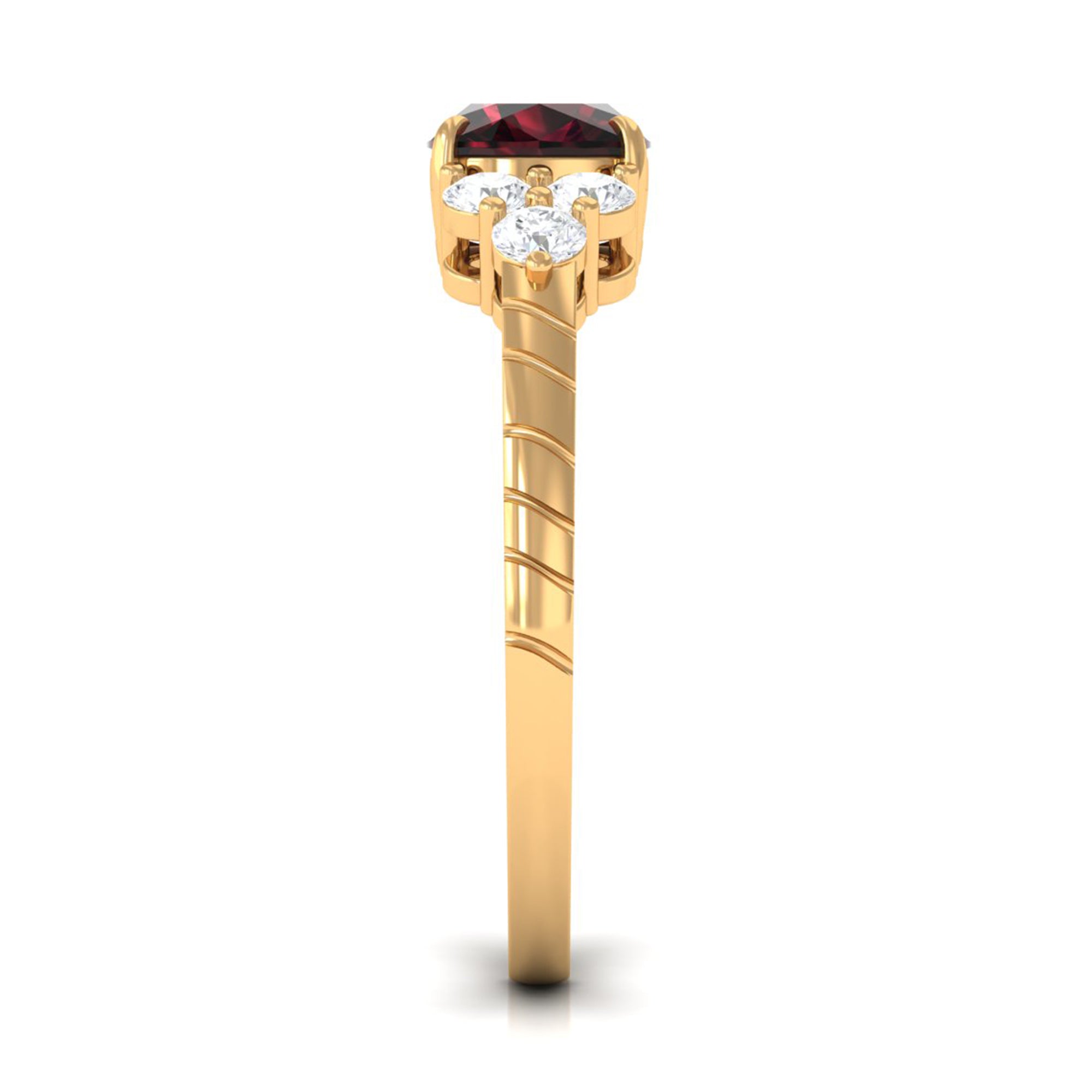 Natural 8mm Garnet Cushion Cut Engagement Ring with Diamond Trio