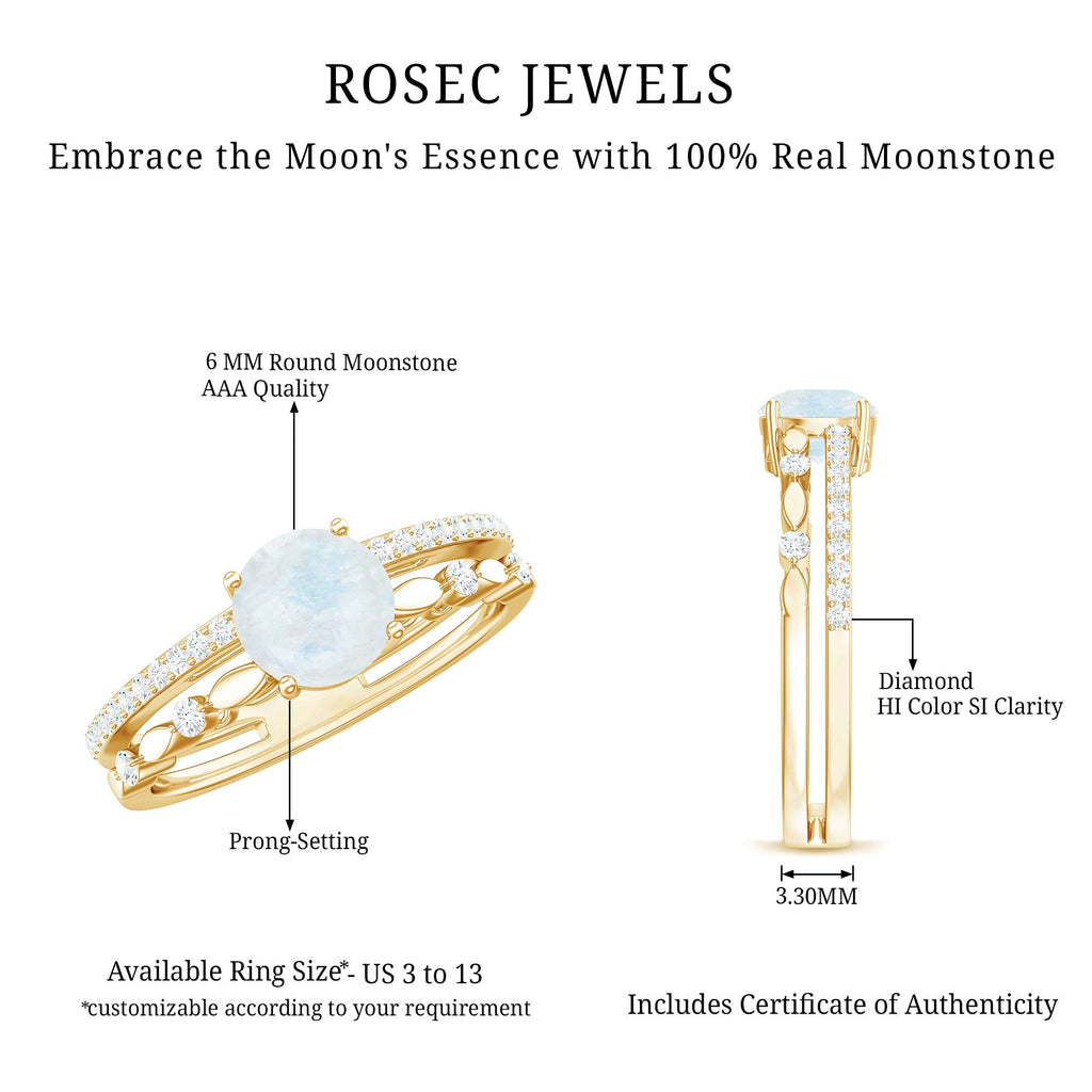 6 MM Moonstone Double Band Solitaire Engagement Ring with Diamond