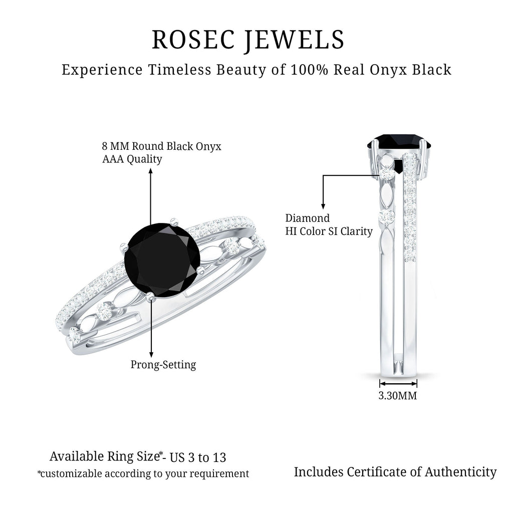 8mm Round Black Onyx and Diamond Promise Engagement Double Band Ring