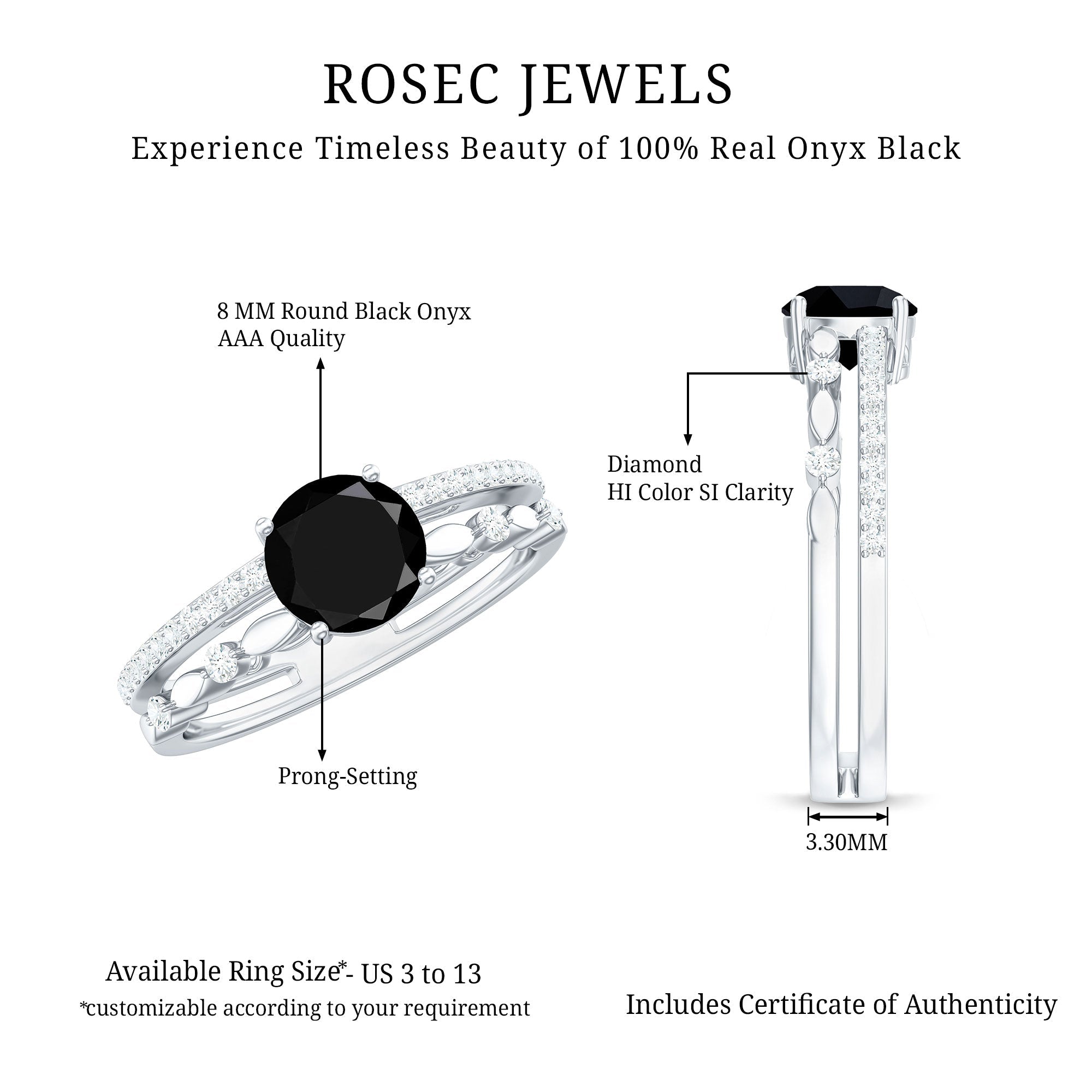 8mm Round Black Onyx and Diamond Promise Engagement Double Band Ring