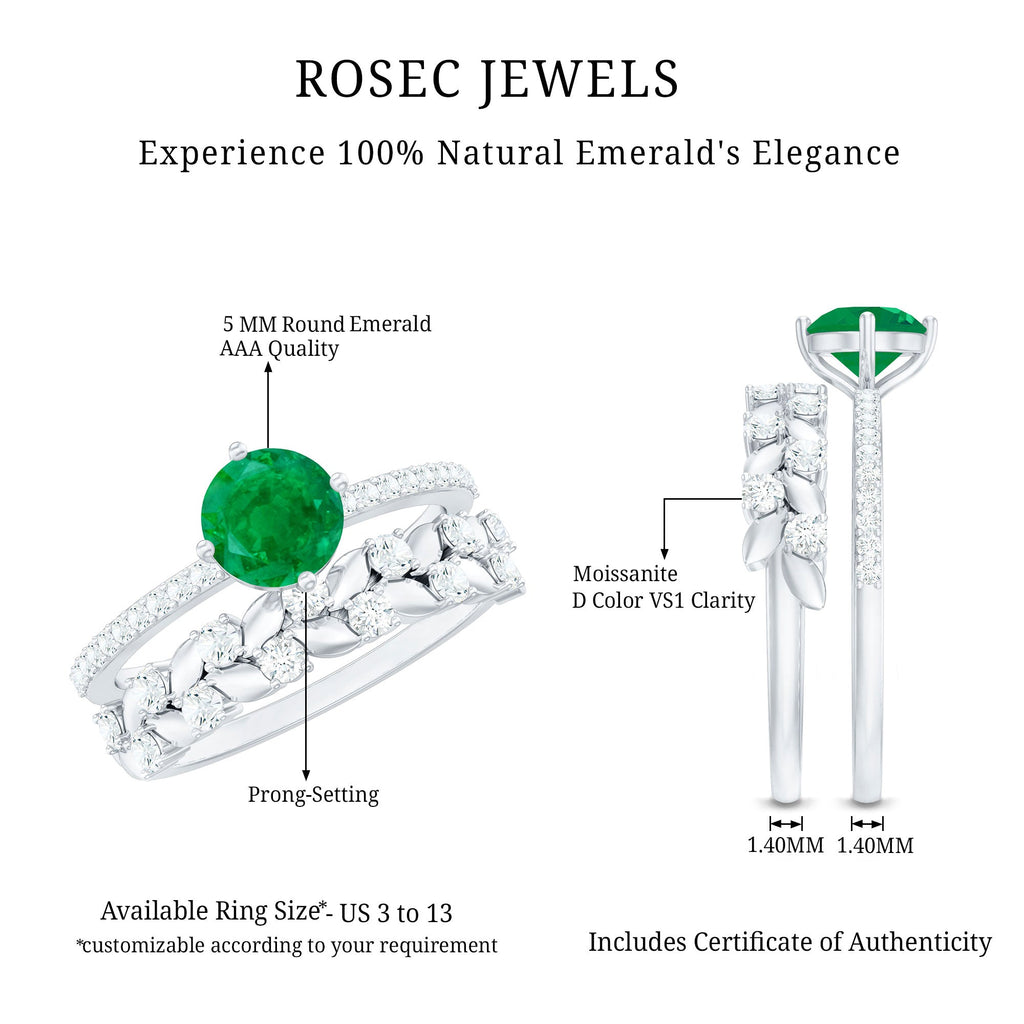 Nature Inspired Emerald Diamond Wedding Bridal Ring Set of 2