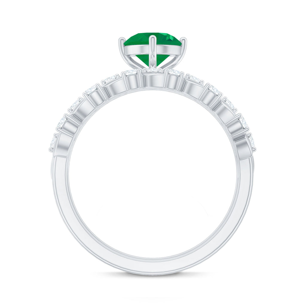 Nature Inspired Emerald Diamond Wedding Bridal Ring Set of 2