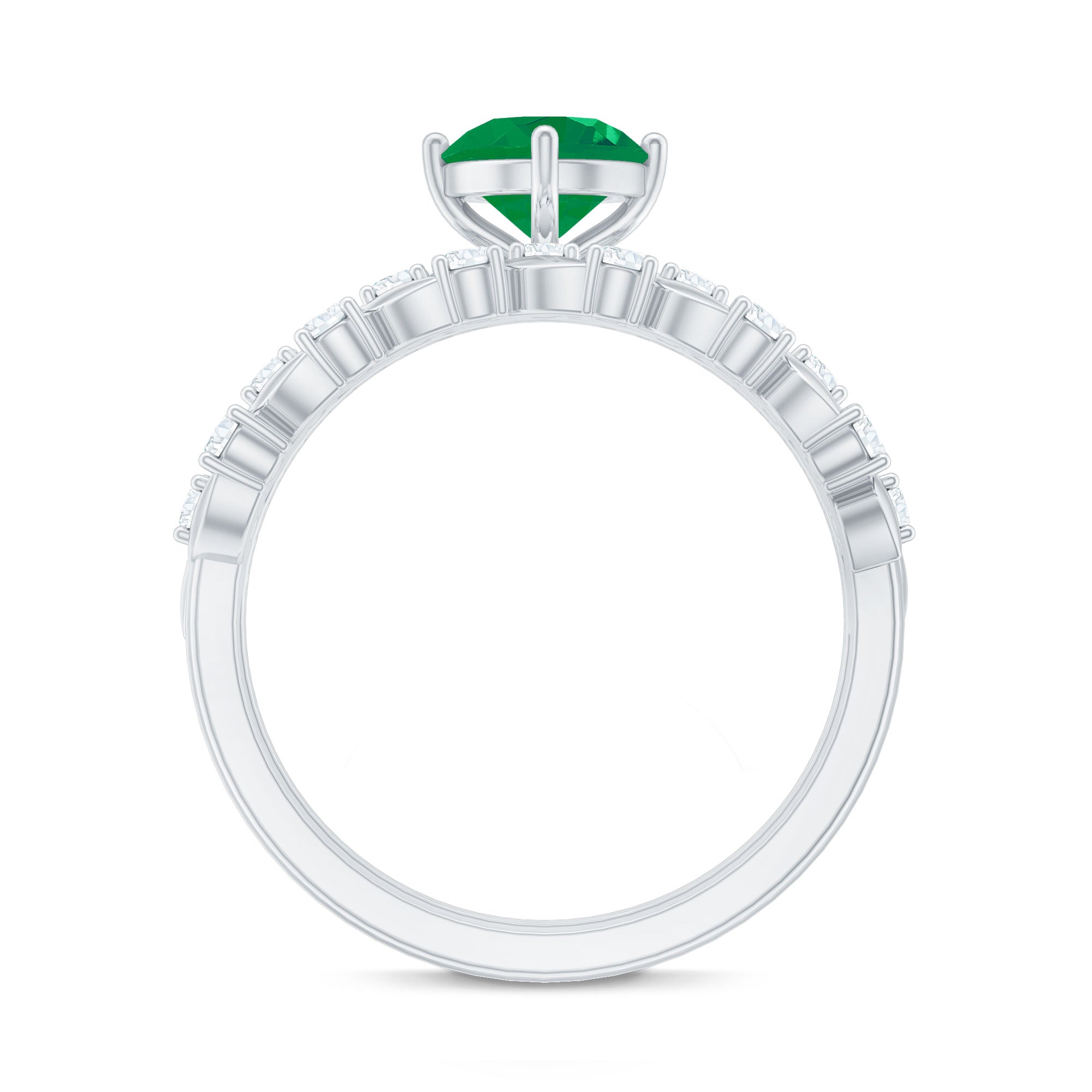 Nature Inspired Emerald Diamond Wedding Bridal Ring Set of 2