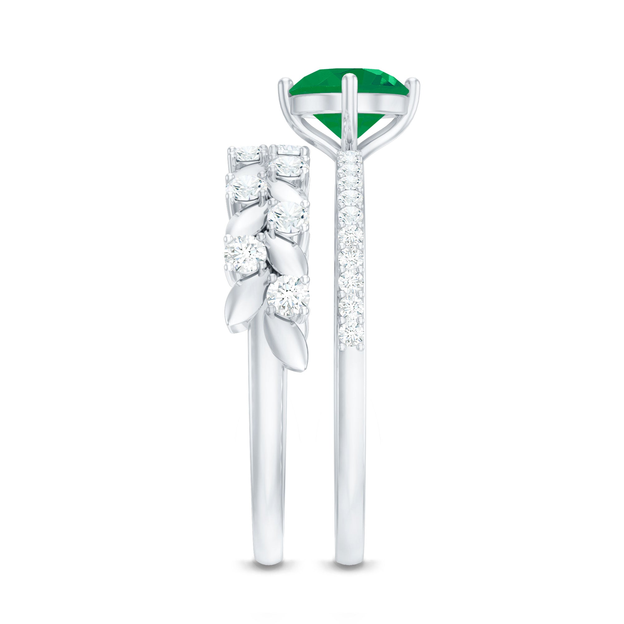 Nature Inspired Emerald Diamond Wedding Bridal Ring Set of 2