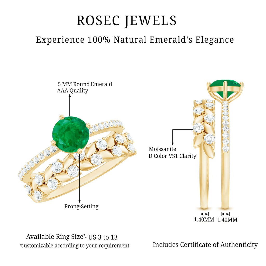 Nature Inspired Emerald Diamond Wedding Bridal Ring Set of 2
