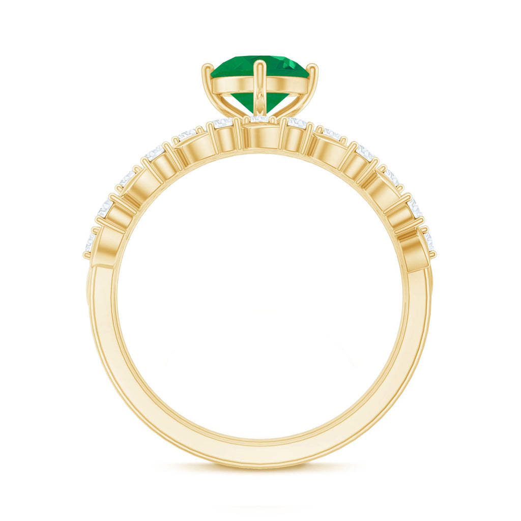 Nature Inspired Emerald Diamond Wedding Bridal Ring Set of 2