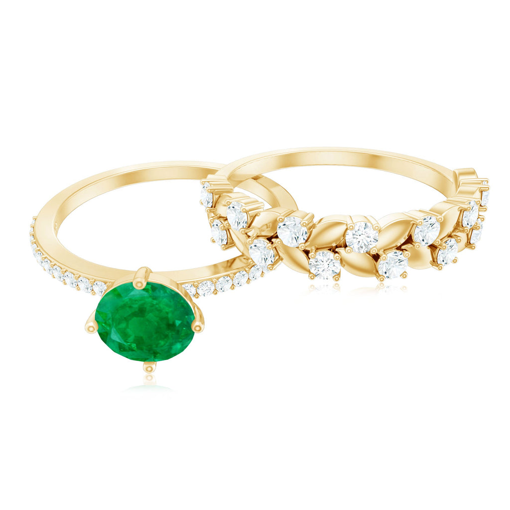 Nature Inspired Emerald Diamond Wedding Bridal Ring Set of 2