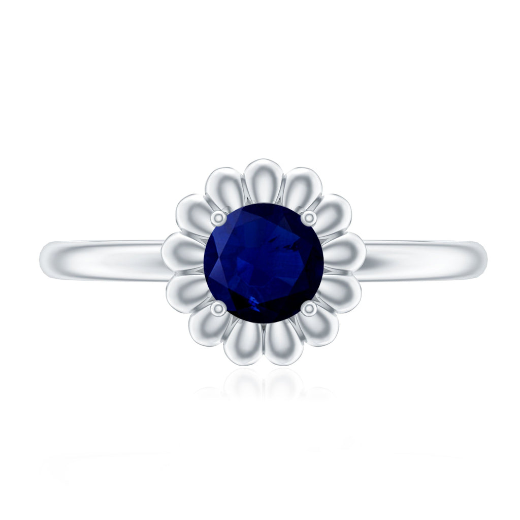 1 CT Round Cut Solitaire Blue Sapphire Gold Flower Ring