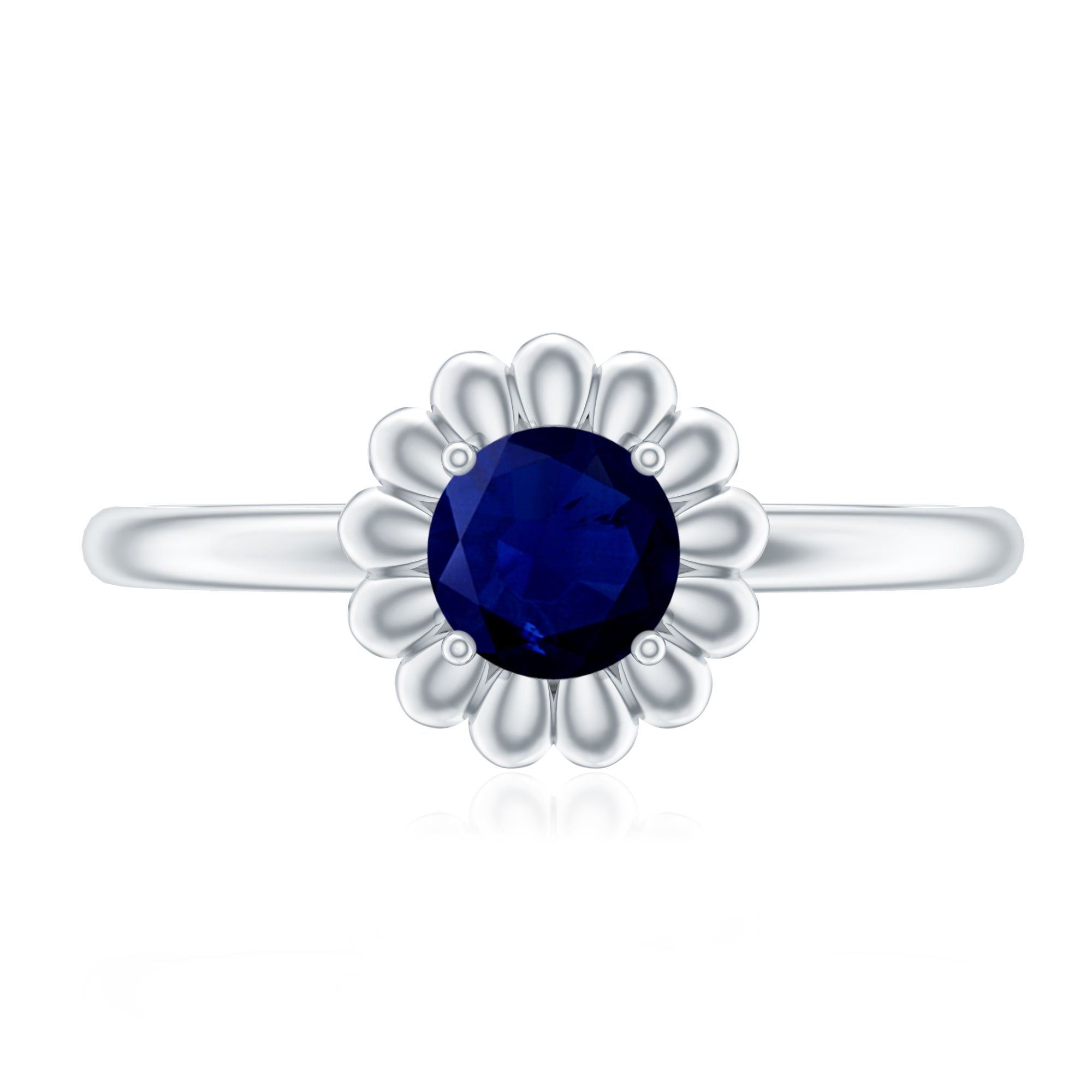 1 CT Round Cut Solitaire Blue Sapphire Gold Flower Ring