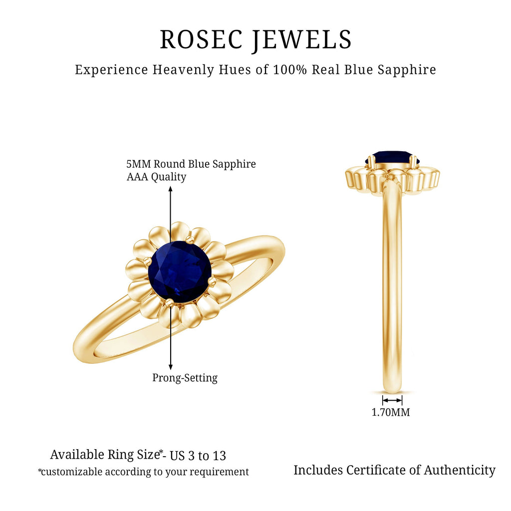 1 CT Round Cut Solitaire Blue Sapphire Gold Flower Ring