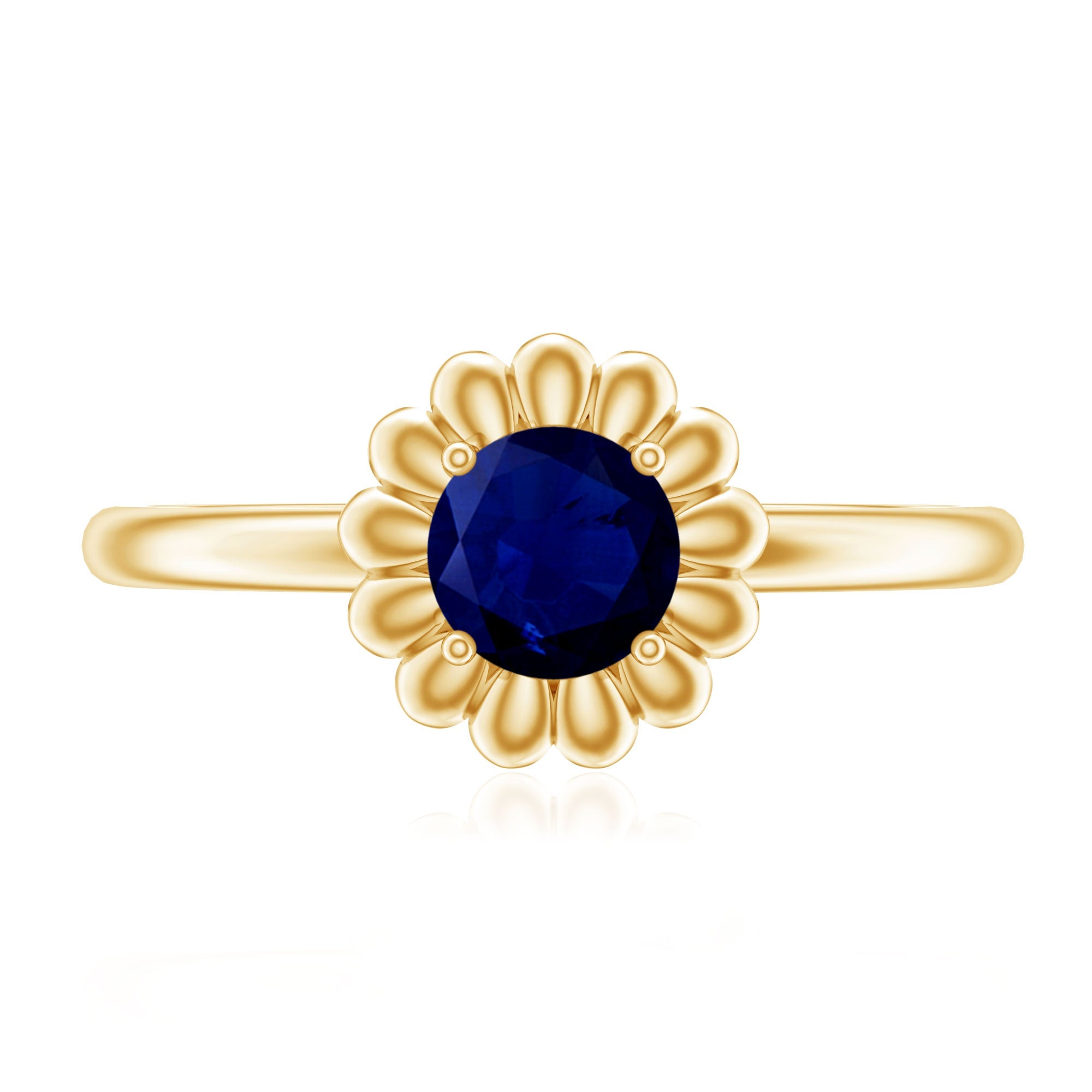 1 CT Round Cut Solitaire Blue Sapphire Gold Flower Ring