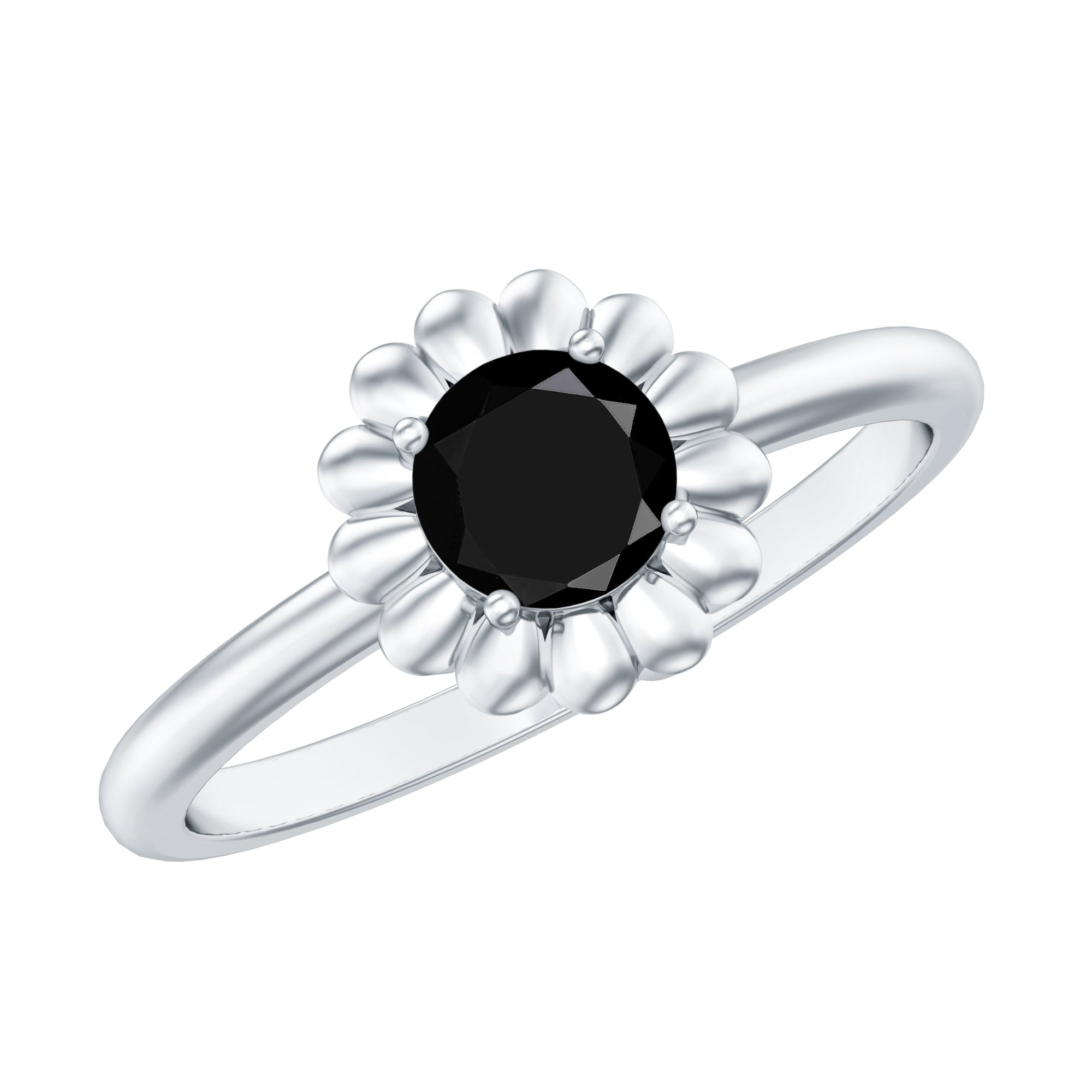 Round Cut Solitaire Lab Created Black Diamond Flower Ring