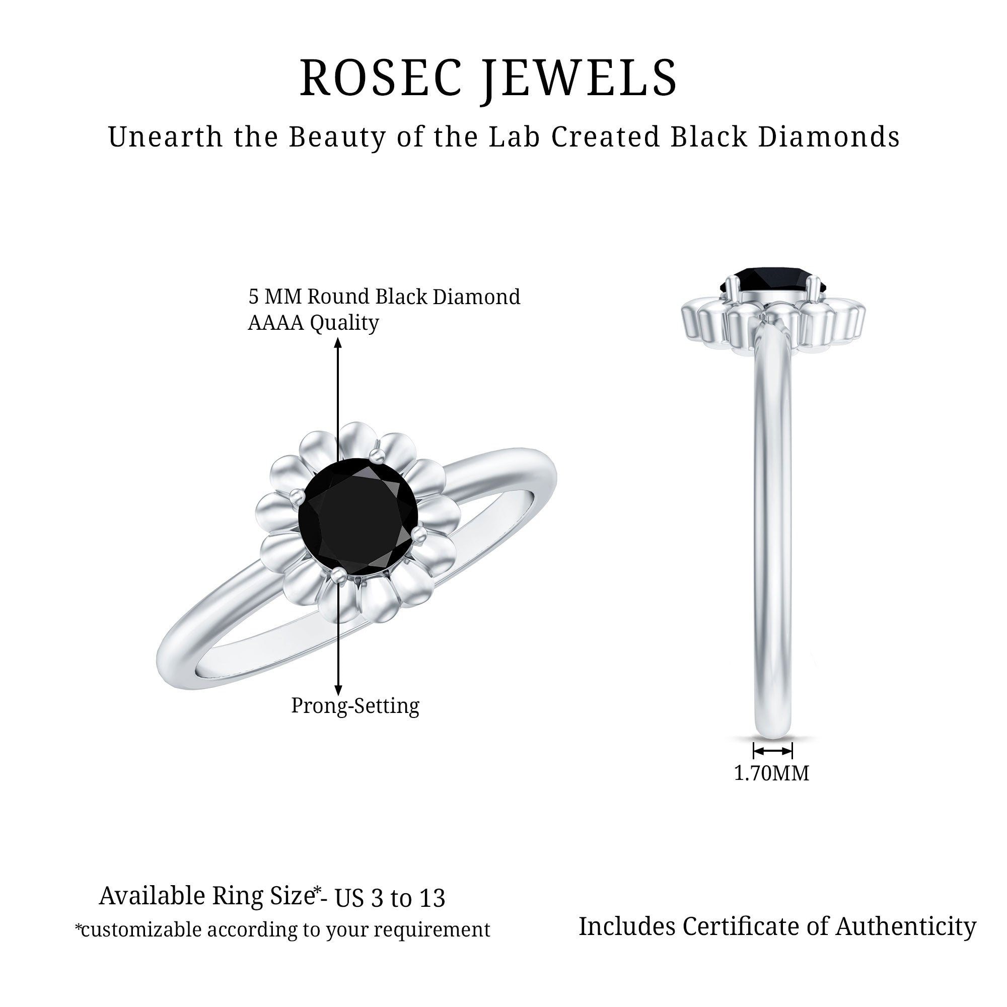 Round Cut Solitaire Lab Created Black Diamond Flower Ring