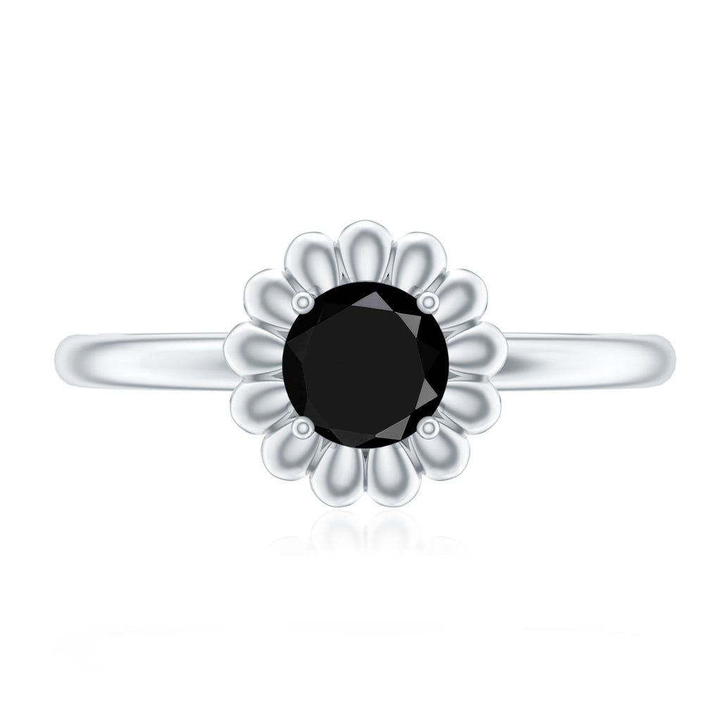 Round Cut Solitaire Lab Created Black Diamond Flower Ring