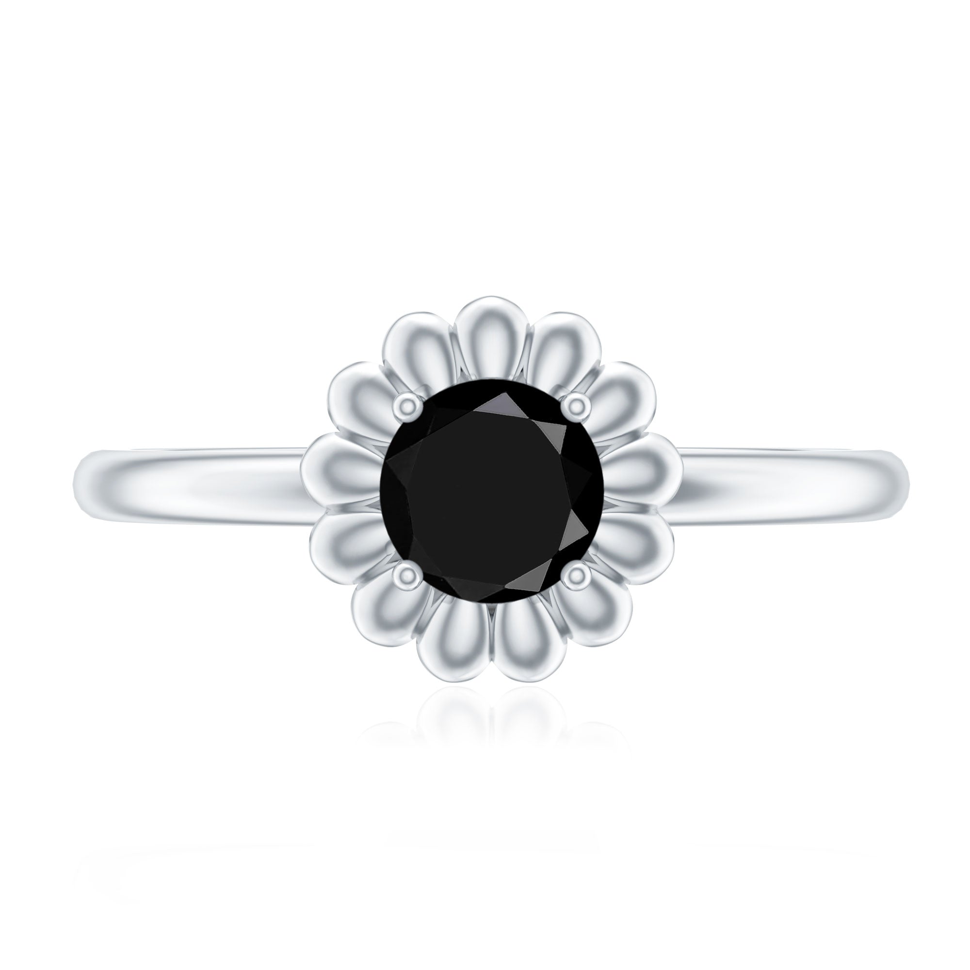 Round Cut Solitaire Lab Created Black Diamond Flower Ring