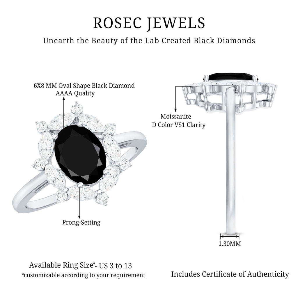 Certified 1.9 Carat Lab Grown Black Diamond Oval Engagement Ring with White Diamond Halo