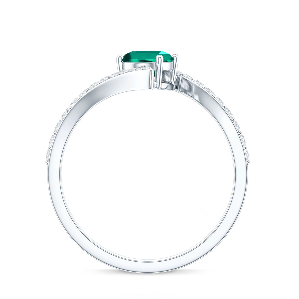 Certified 0.8 Carat Oval Cut Lab Grown Emerald Engagement Ring with Diamond Bypass Shank