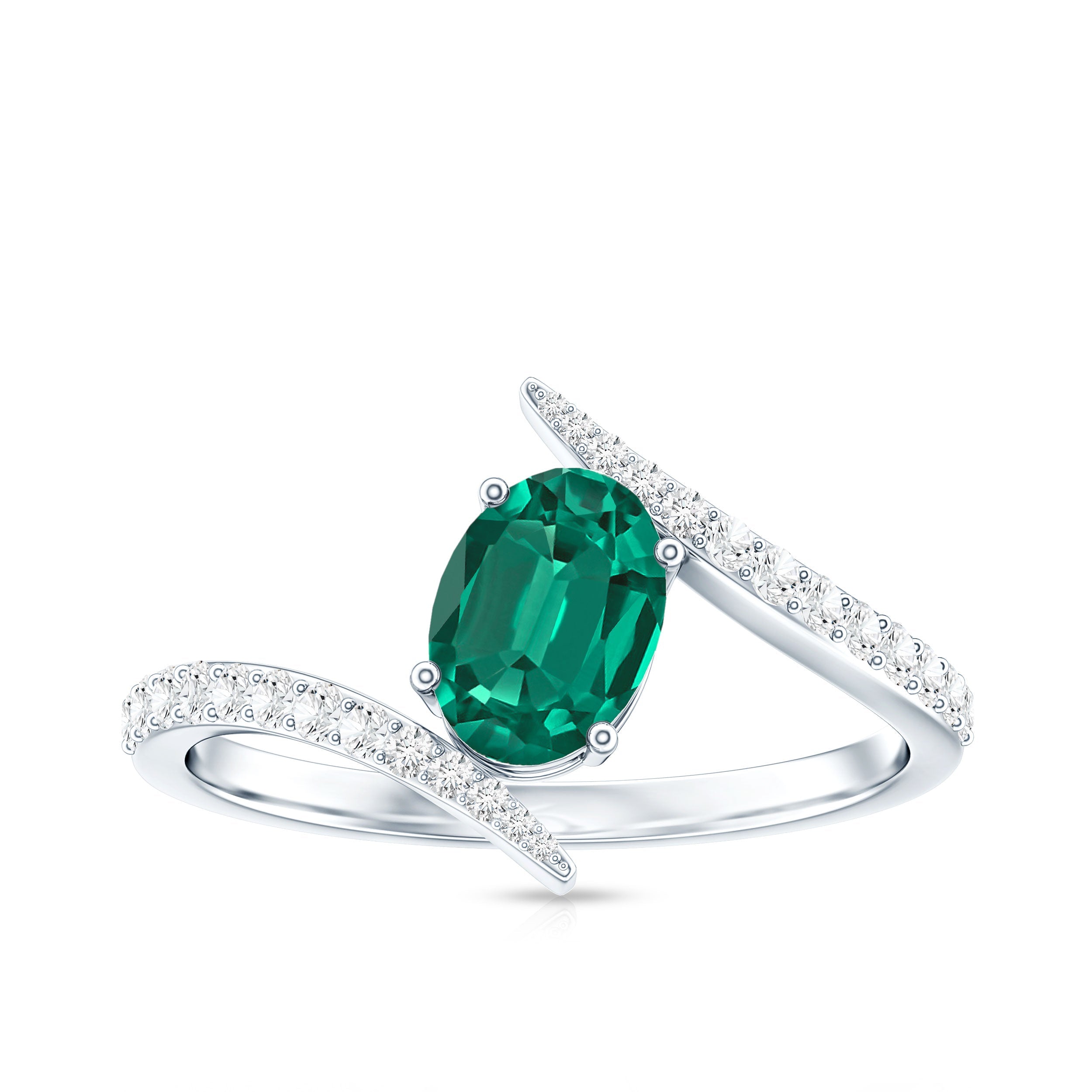 Certified 0.8 Carat Oval Cut Lab Grown Emerald Engagement Ring with Diamond Bypass Shank