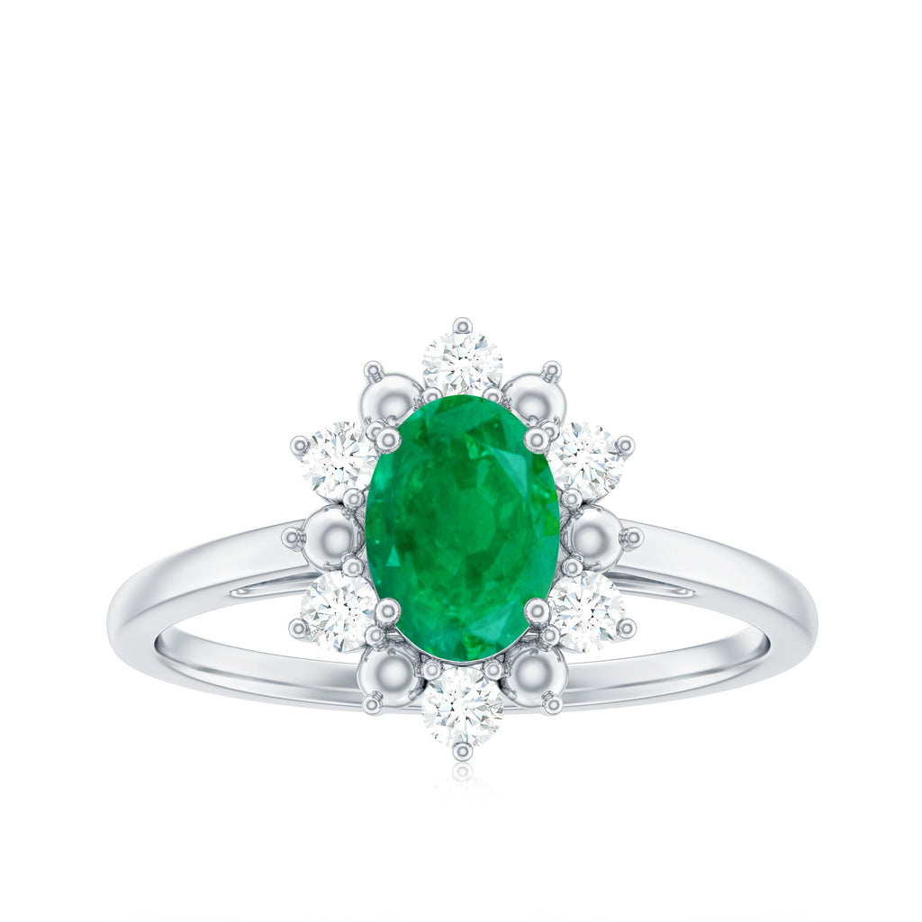Natural 5X7mm Oval Emerald Engagement Ring with Diamond Halo
