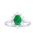 Natural 5X7mm Oval Emerald Engagement Ring with Diamond Halo