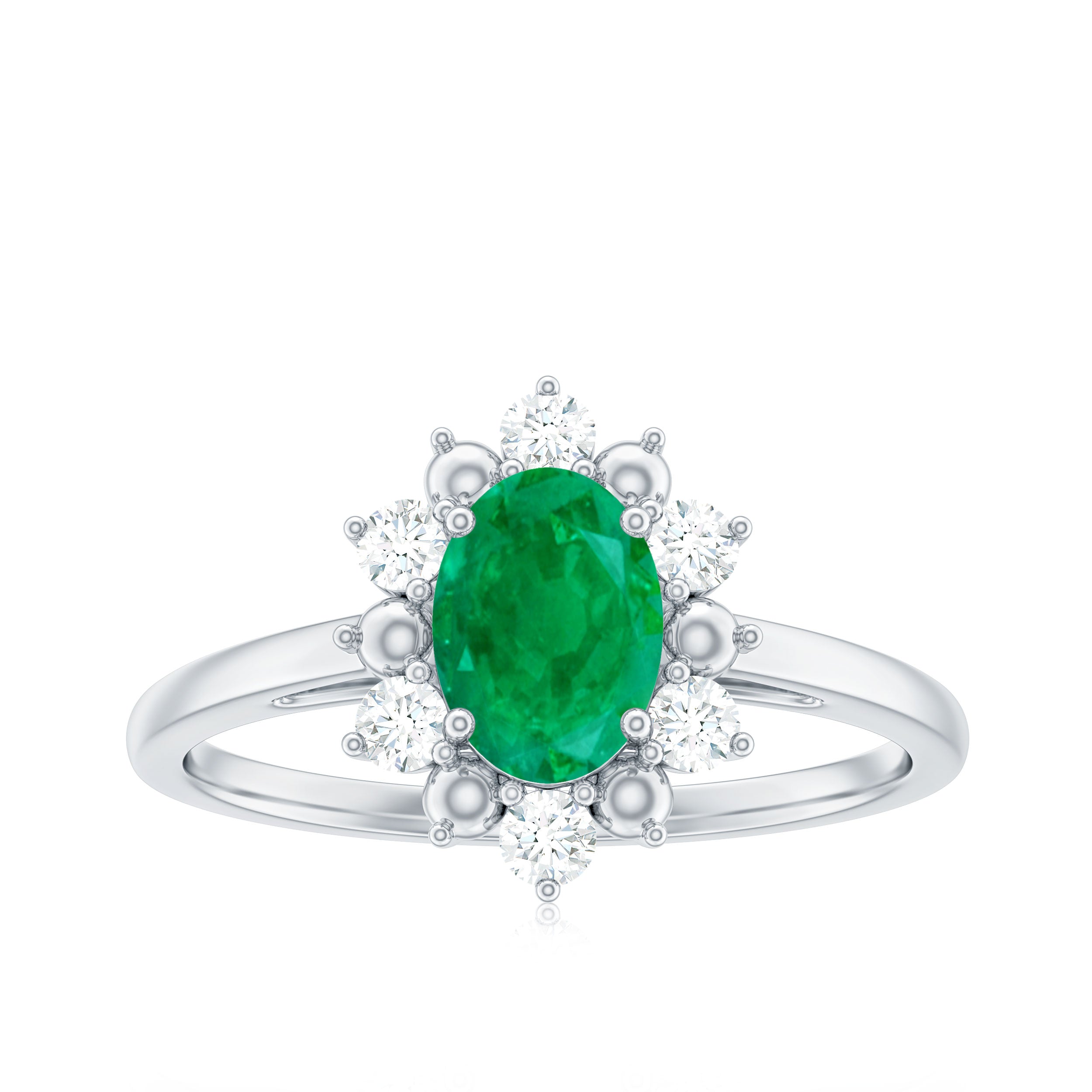 Natural 5X7mm Oval Emerald Engagement Ring with Diamond Halo