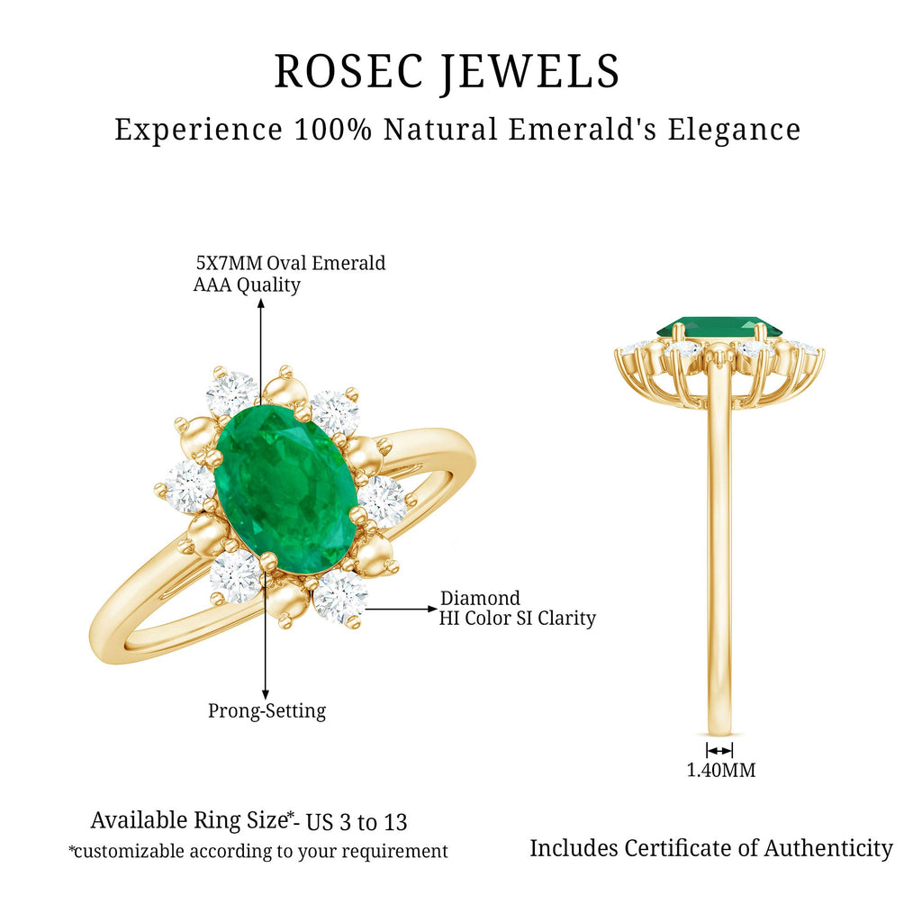 Natural 5X7mm Oval Emerald Engagement Ring with Diamond Halo