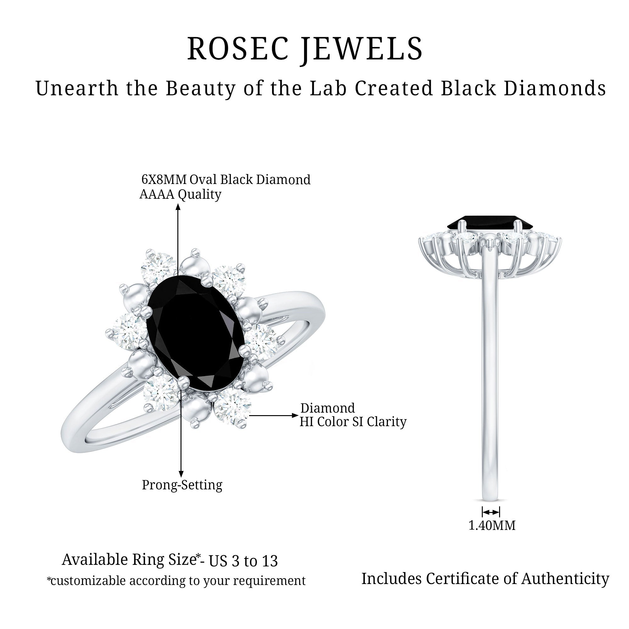 Oval Created Black Diamond Floral Halo Engagement Ring with Diamond