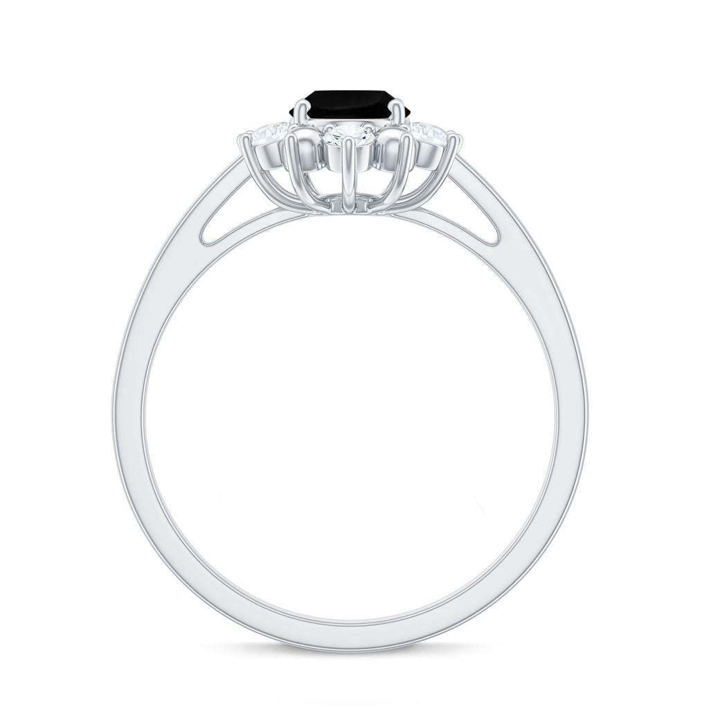 Oval Created Black Diamond Floral Halo Engagement Ring with Diamond