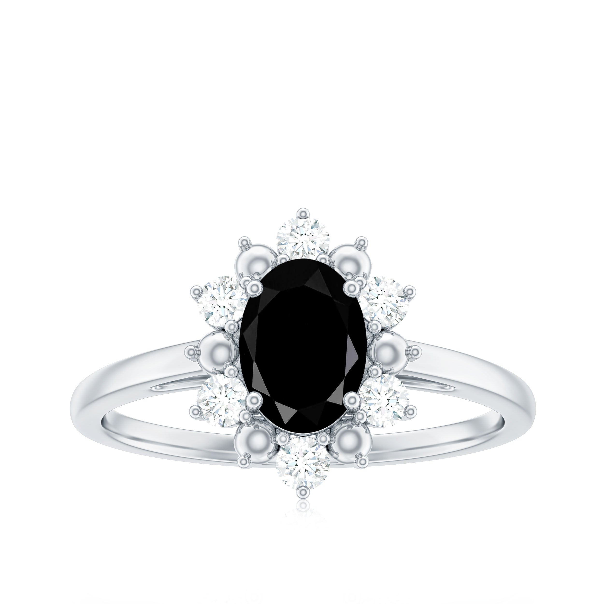 Oval Created Black Diamond Floral Halo Engagement Ring with Diamond