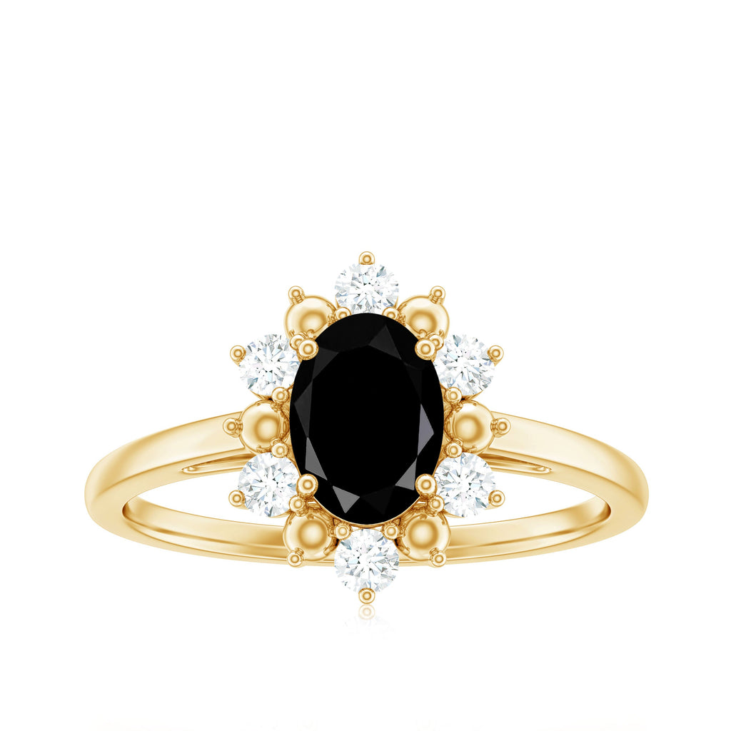 Oval Created Black Diamond Floral Halo Engagement Ring with Diamond