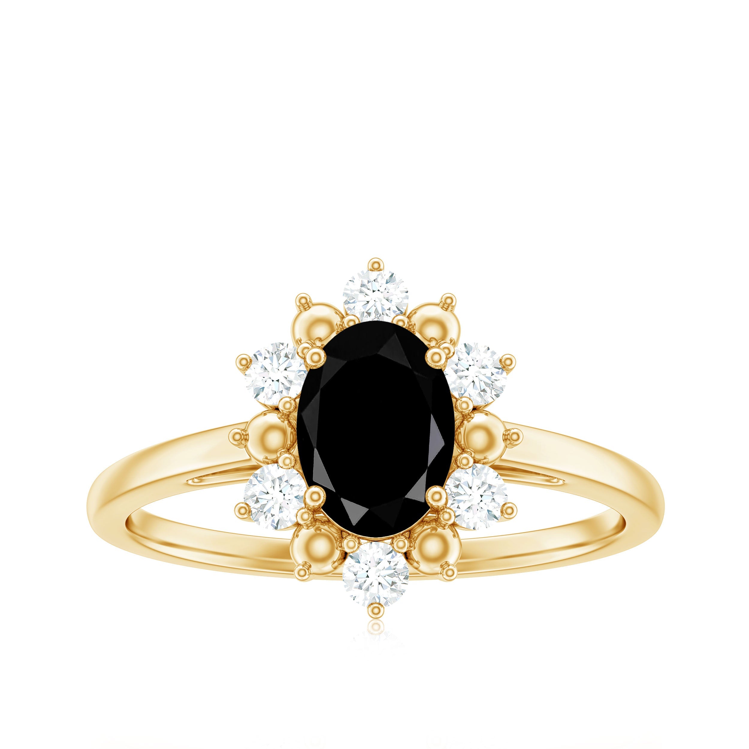 Oval Created Black Diamond Floral Halo Engagement Ring with Diamond