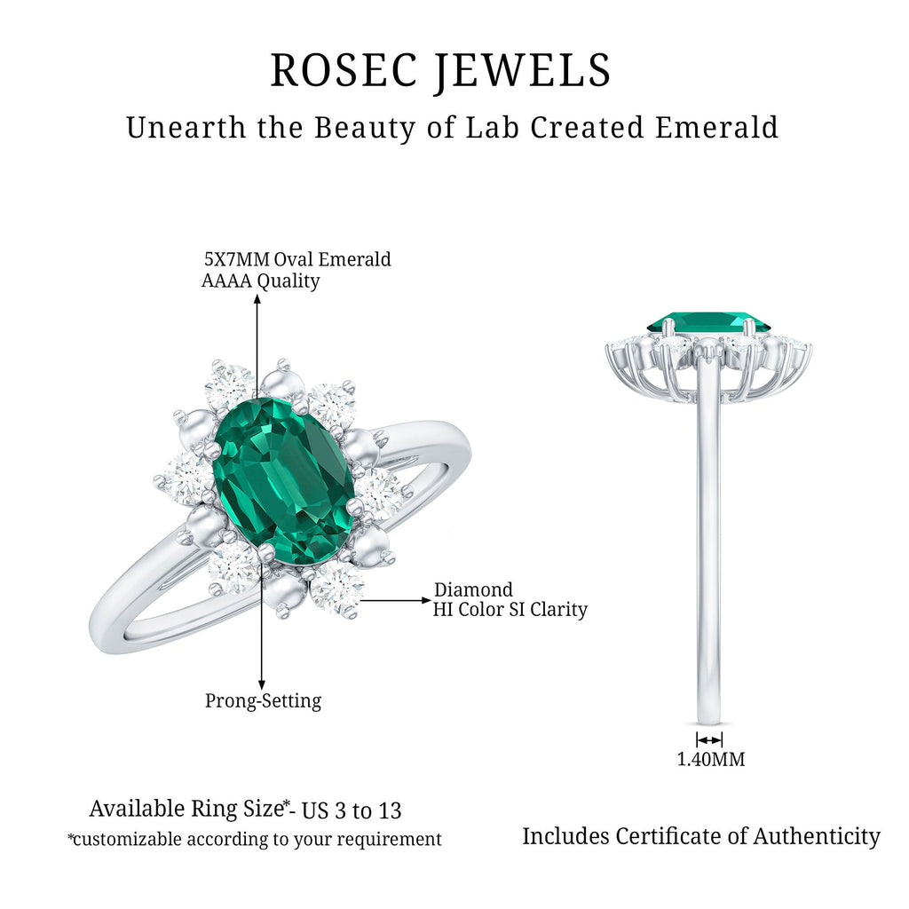 Certified 5X7 mm Oval Lab Grown Emerald Diamond Flower Engagement Ring