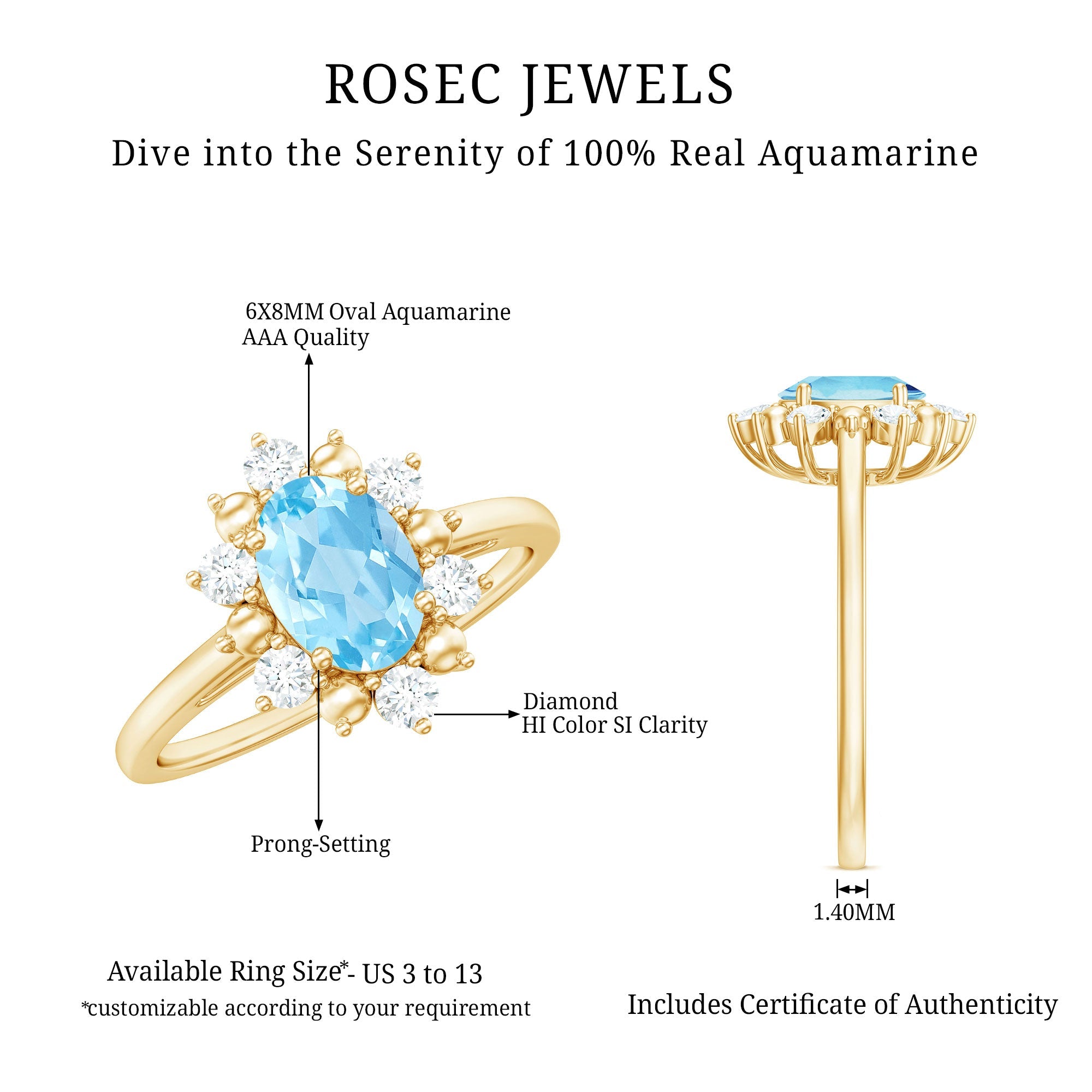 Real Aquamarine Oblong Engagement Ring with Diamond Halo