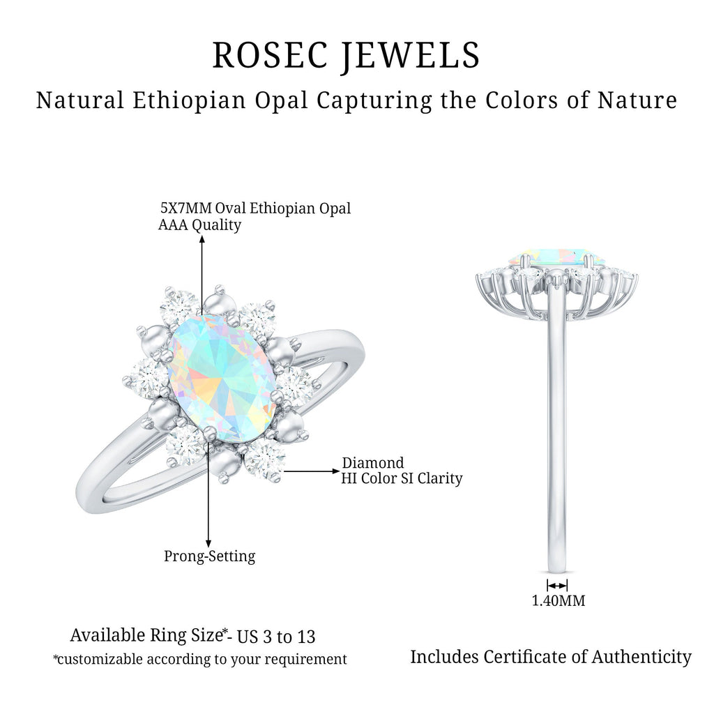 Natural 5X7mm Opalescent Oval Engagement Ring with Diamond Halo