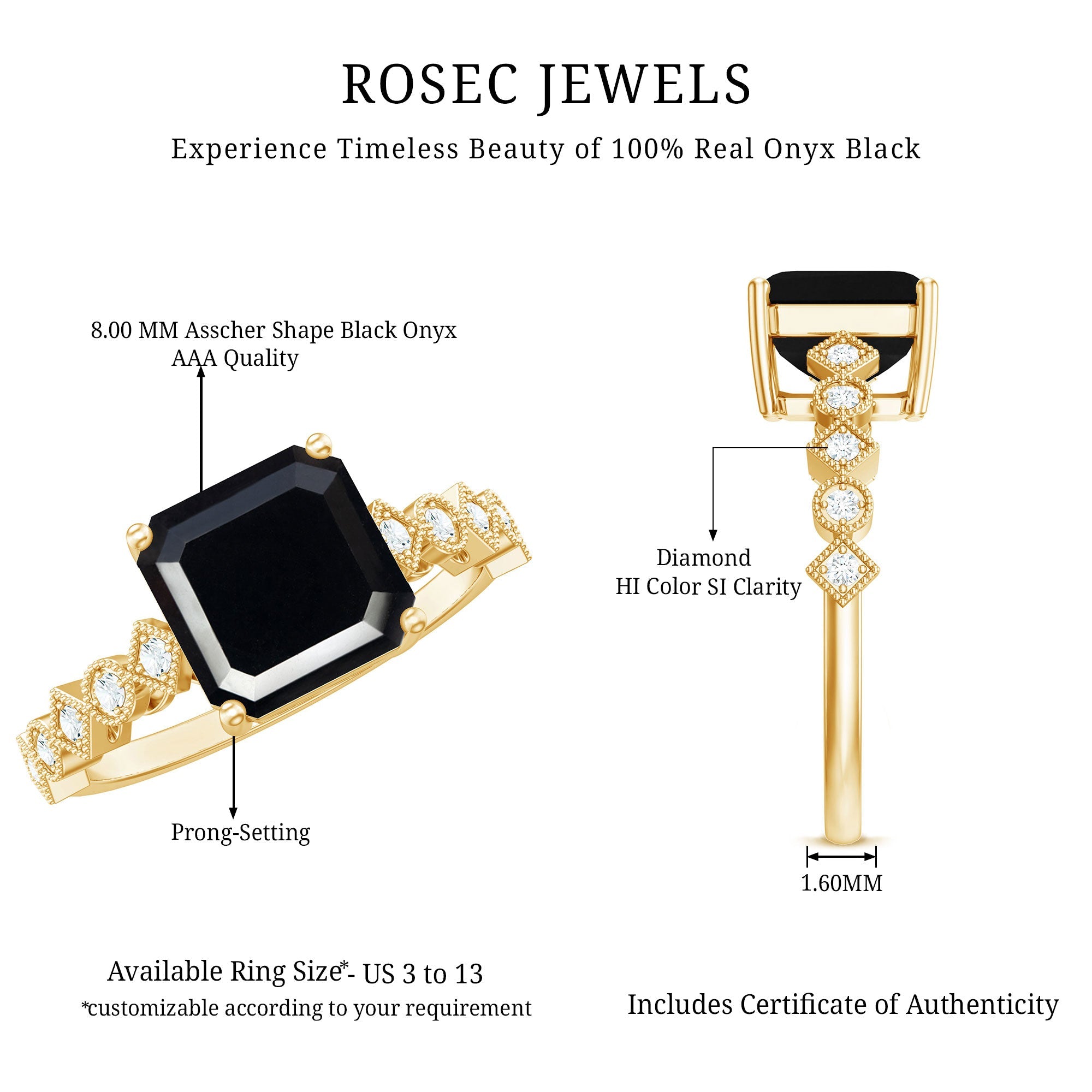 Genuine Black Onyx 8mm Asscher Cut Engagement Ring with Diamond