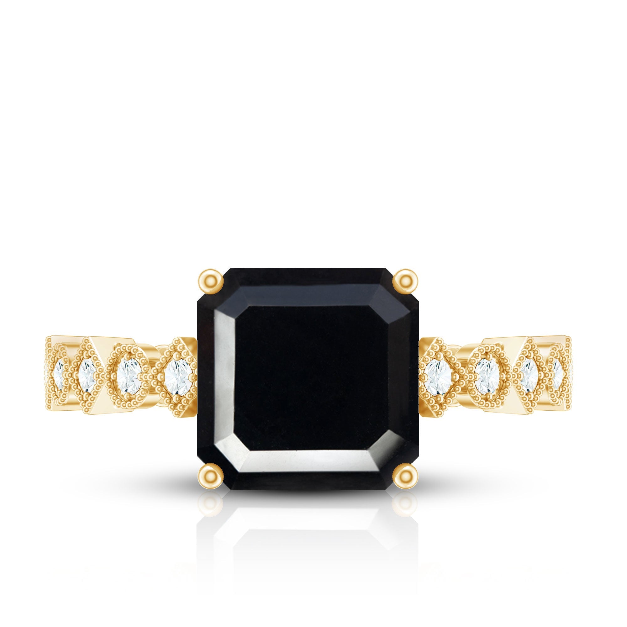 Genuine Black Onyx 8mm Asscher Cut Engagement Ring with Diamond