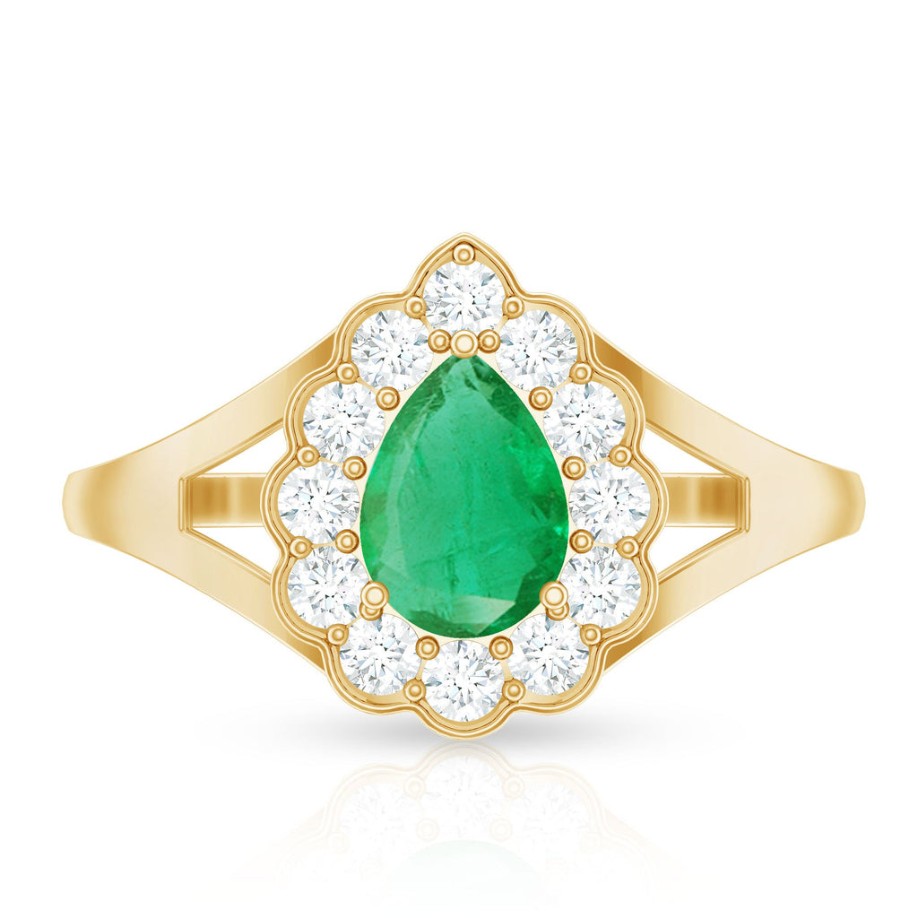 5X7 mm Pear Cut Emerald Engagement Ring with Diamond Halo