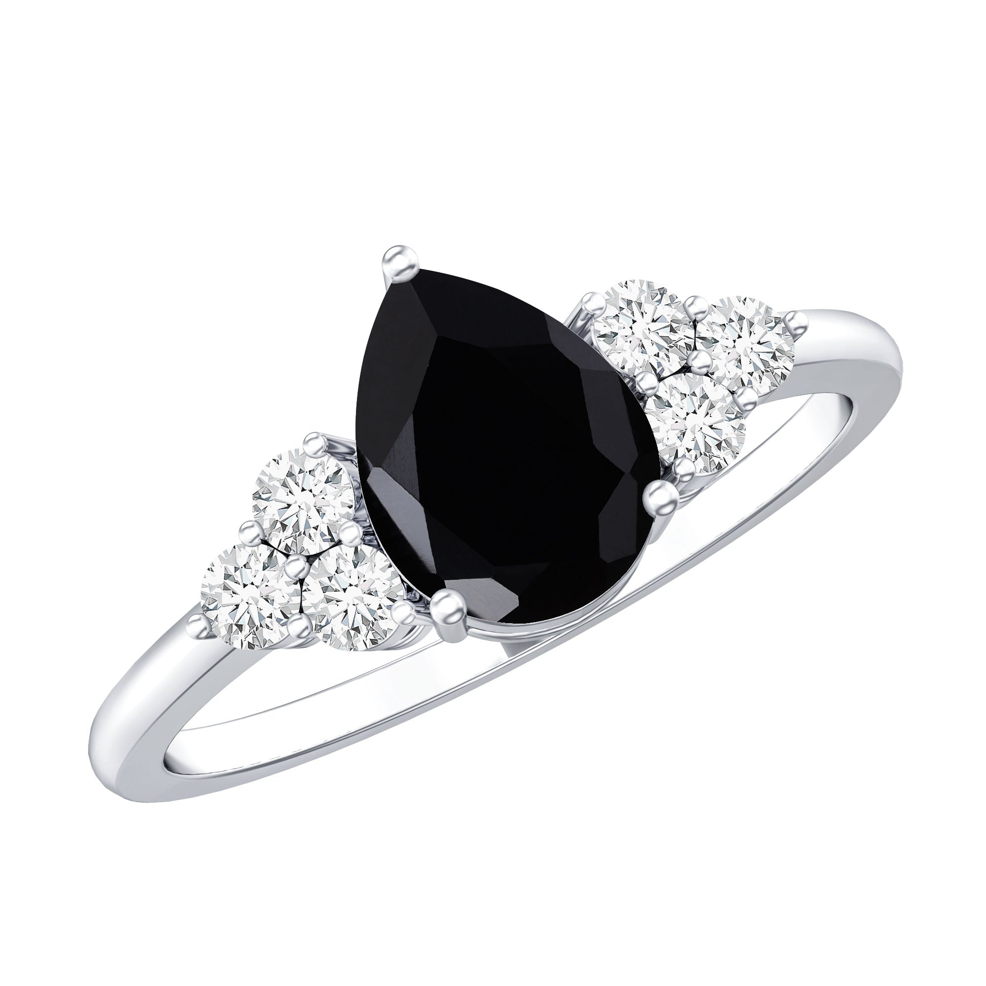 0.85 Carat Lab Grown Black Diamond Pear Shape Engagement Ring with White Diamond Trio