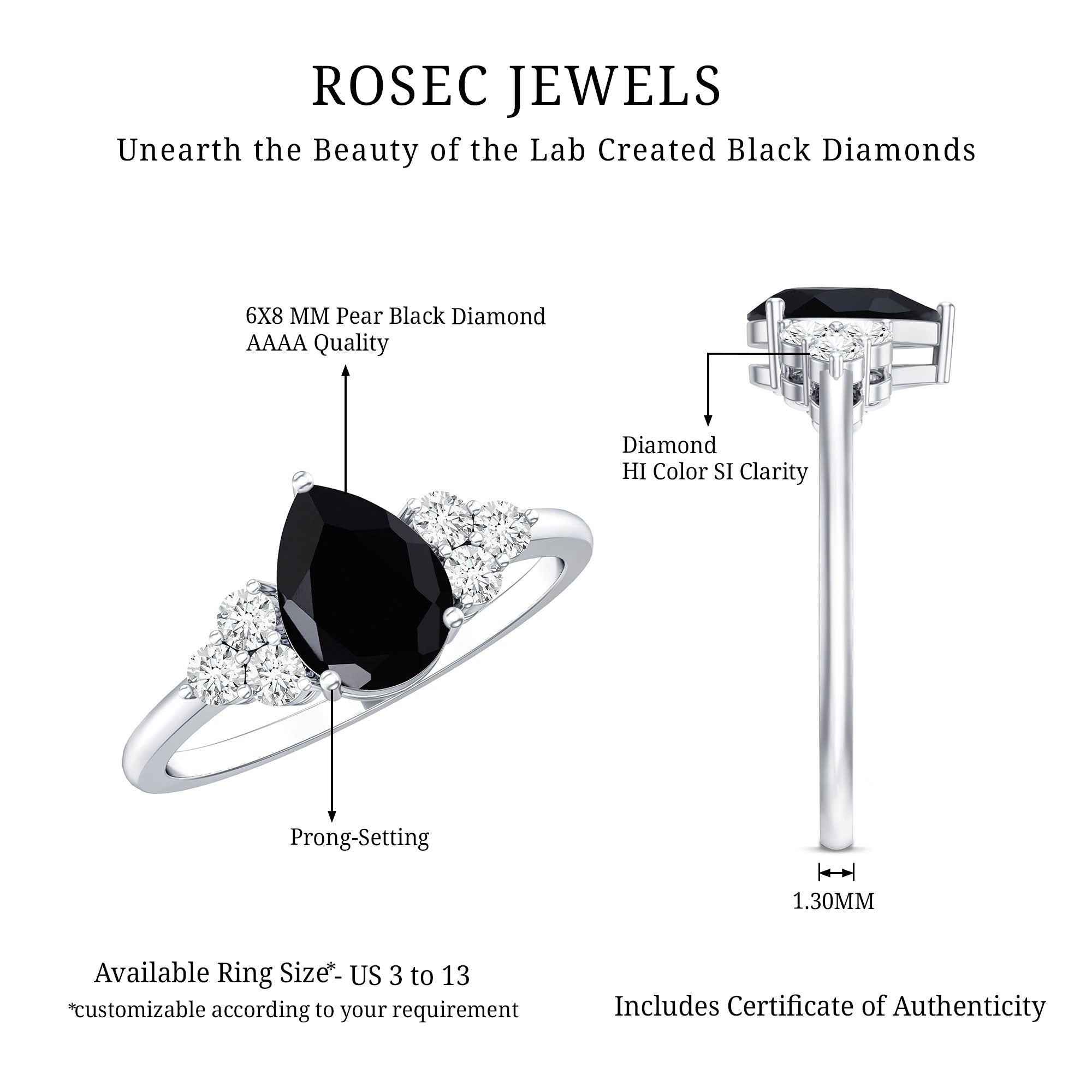 0.85 Carat Lab Grown Black Diamond Pear Shape Engagement Ring with White Diamond Trio