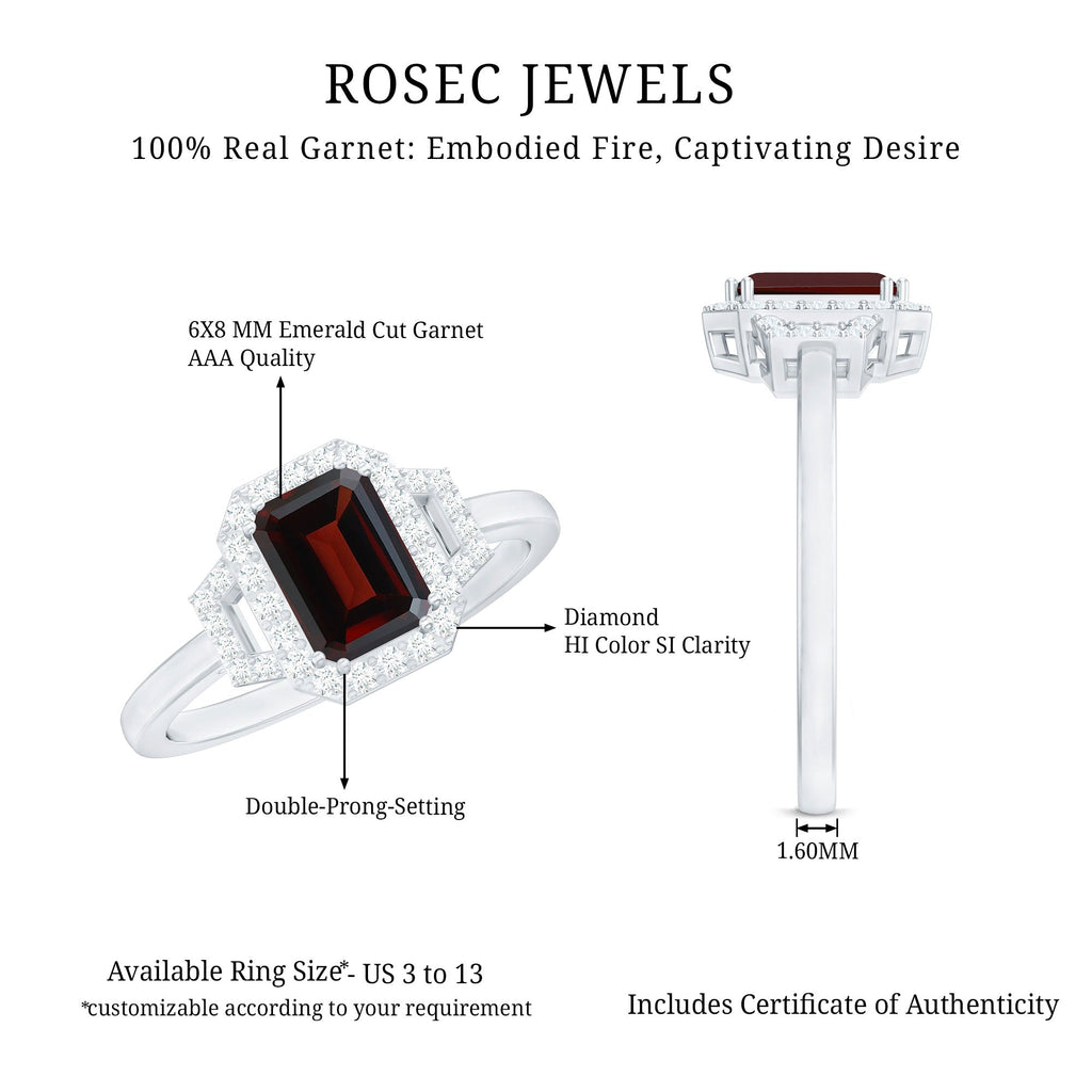 Real 6X8mm Garnet Emerald Cut Engagement Ring with Diamond Halo