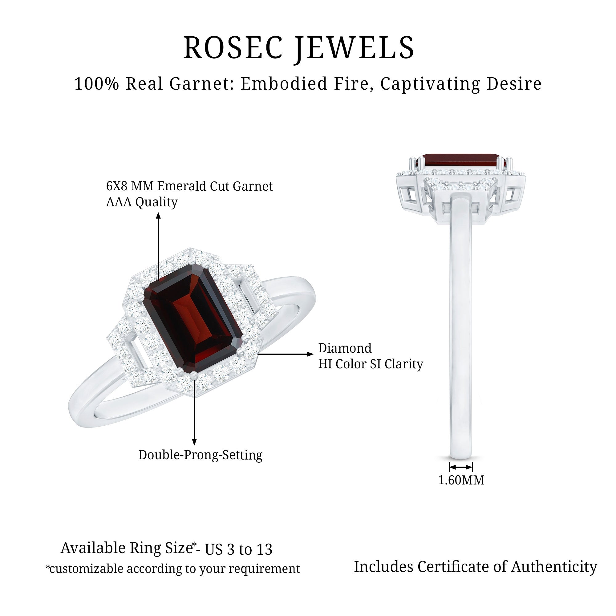 Real 6X8mm Garnet Emerald Cut Engagement Ring with Diamond Halo