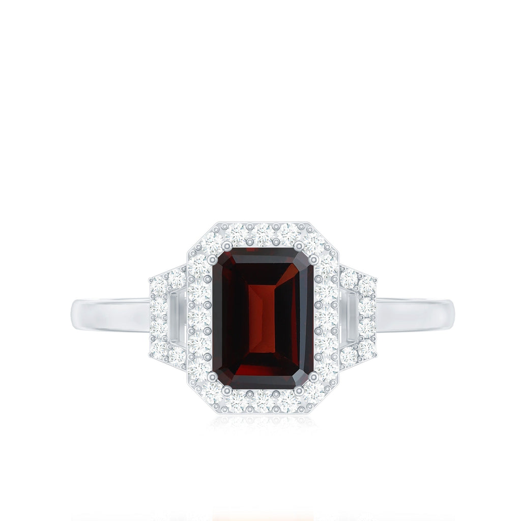 Real 6X8mm Garnet Emerald Cut Engagement Ring with Diamond Halo