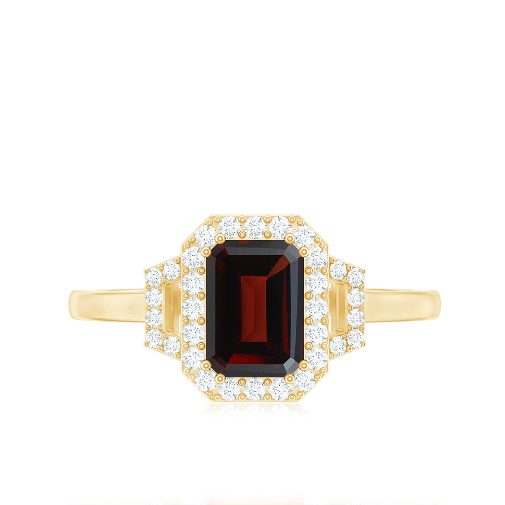 Real 6X8mm Garnet Emerald Cut Engagement Ring with Diamond Halo
