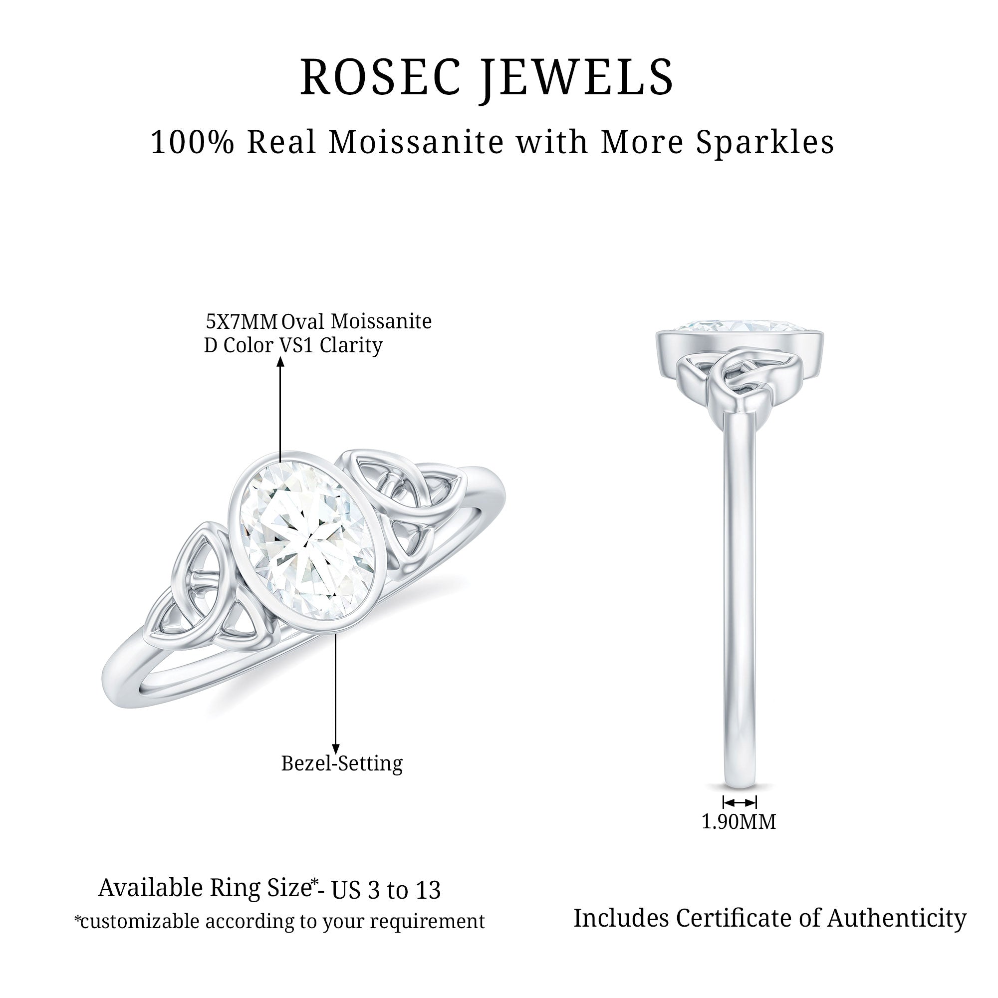 Oval Moissanite Solitaire Celtic Knot Ring in Bezel Setting